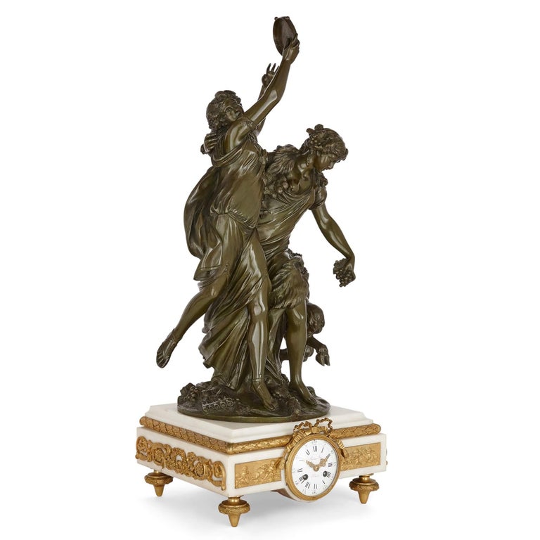 Neoclassical Large Gilt, Patinated Bronze and Marble Clock Set by Raingo Frères For Sale