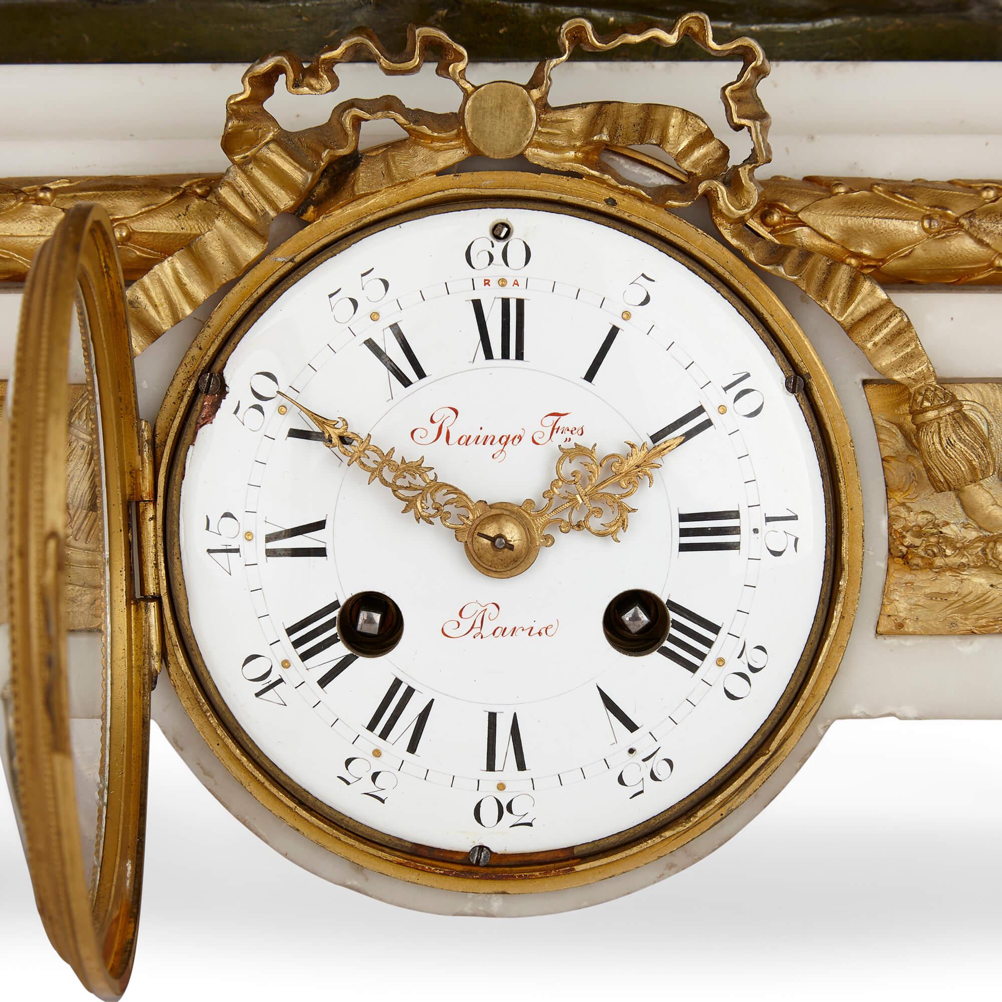 Großes Uhrenset aus vergoldeter, patinierter Bronze und Marmor von Raingo Frères (Französisch) im Angebot