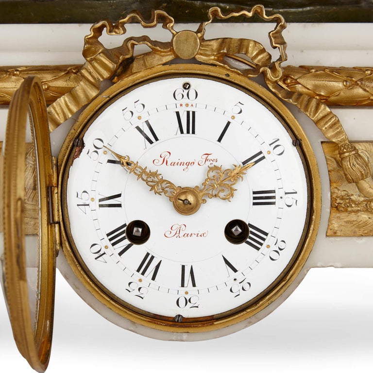 French Large Gilt, Patinated Bronze and Marble Clock Set by Raingo Frères For Sale