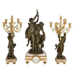 Large Gilt, Patinated Bronze and Marble Clock Set by Raingo Frères