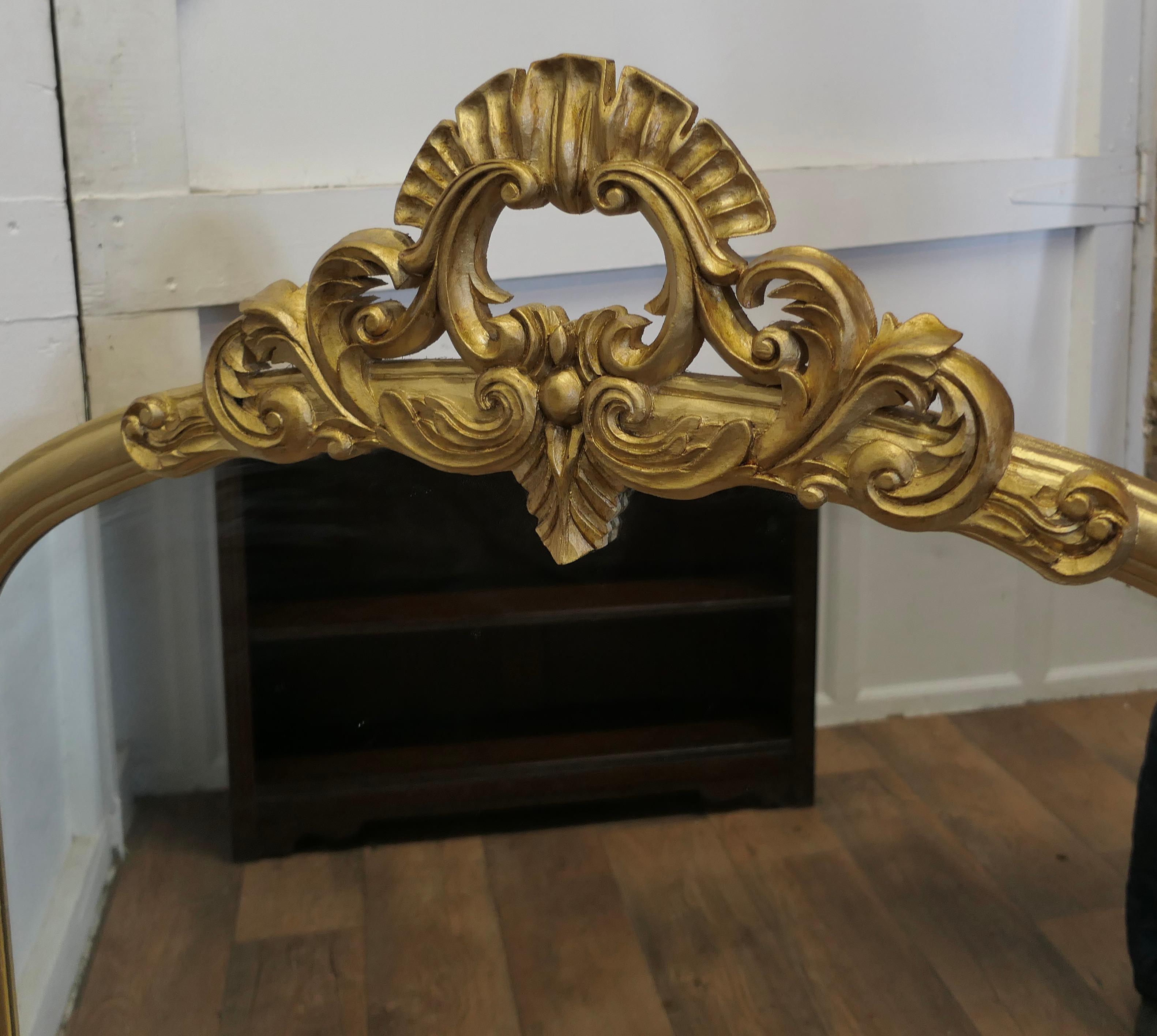 Large Gilt Rococo Style Arched Over Mantle Mirror      For Sale 4