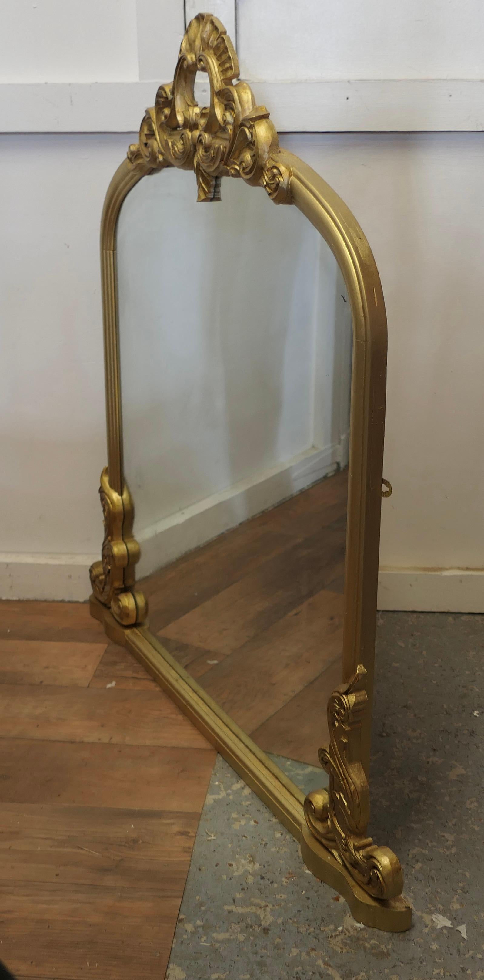 Large Gilt Rococo Style Arched Over Mantle Mirror      5