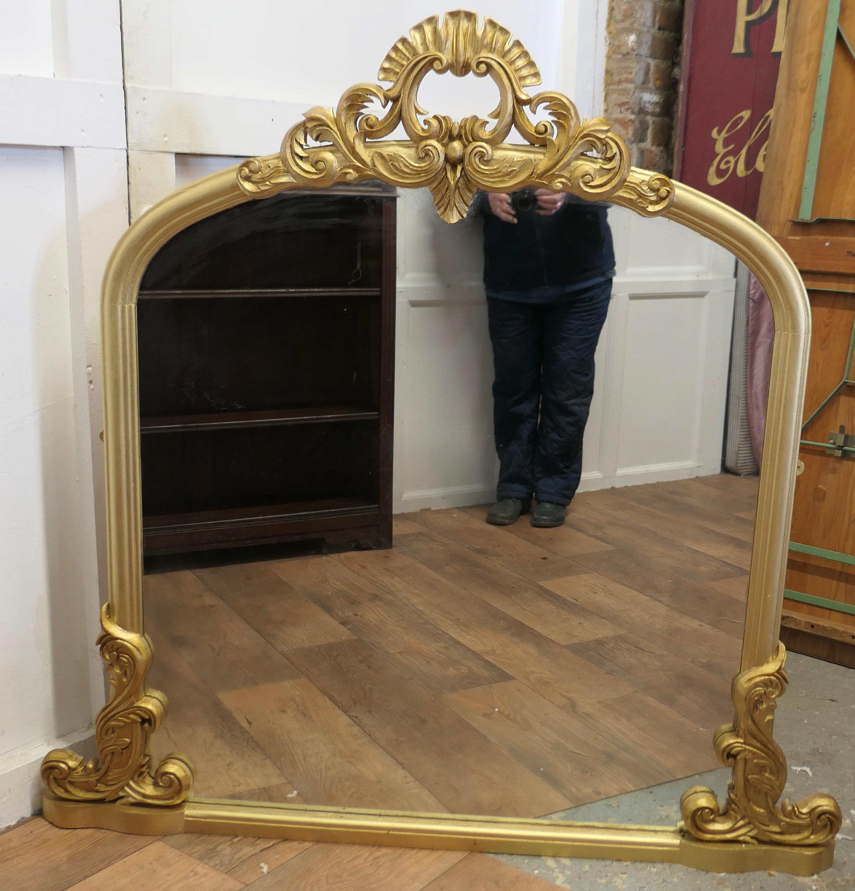 Rococo Revival Large Gilt Rococo Style Arched Over Mantle Mirror     