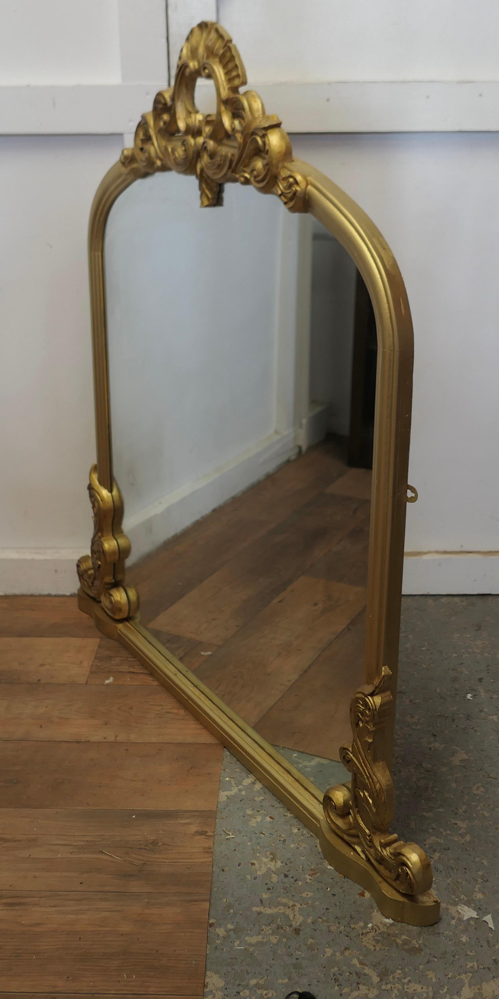 Pine Large Gilt Rococo Style Arched Over Mantle Mirror      For Sale