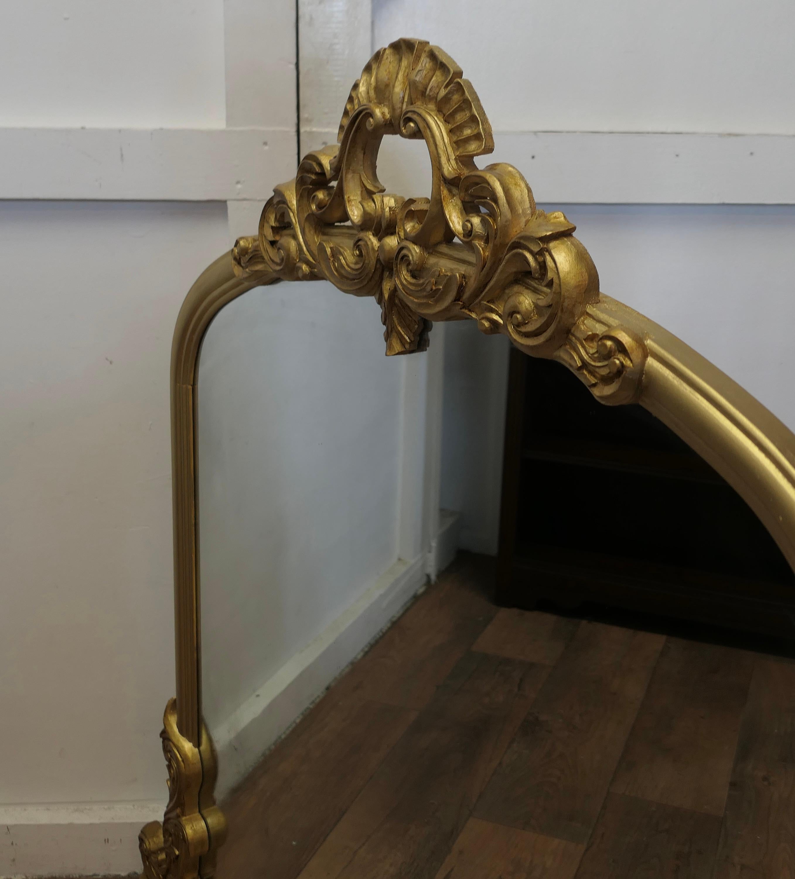 Large Gilt Rococo Style Arched Over Mantle Mirror      For Sale 1