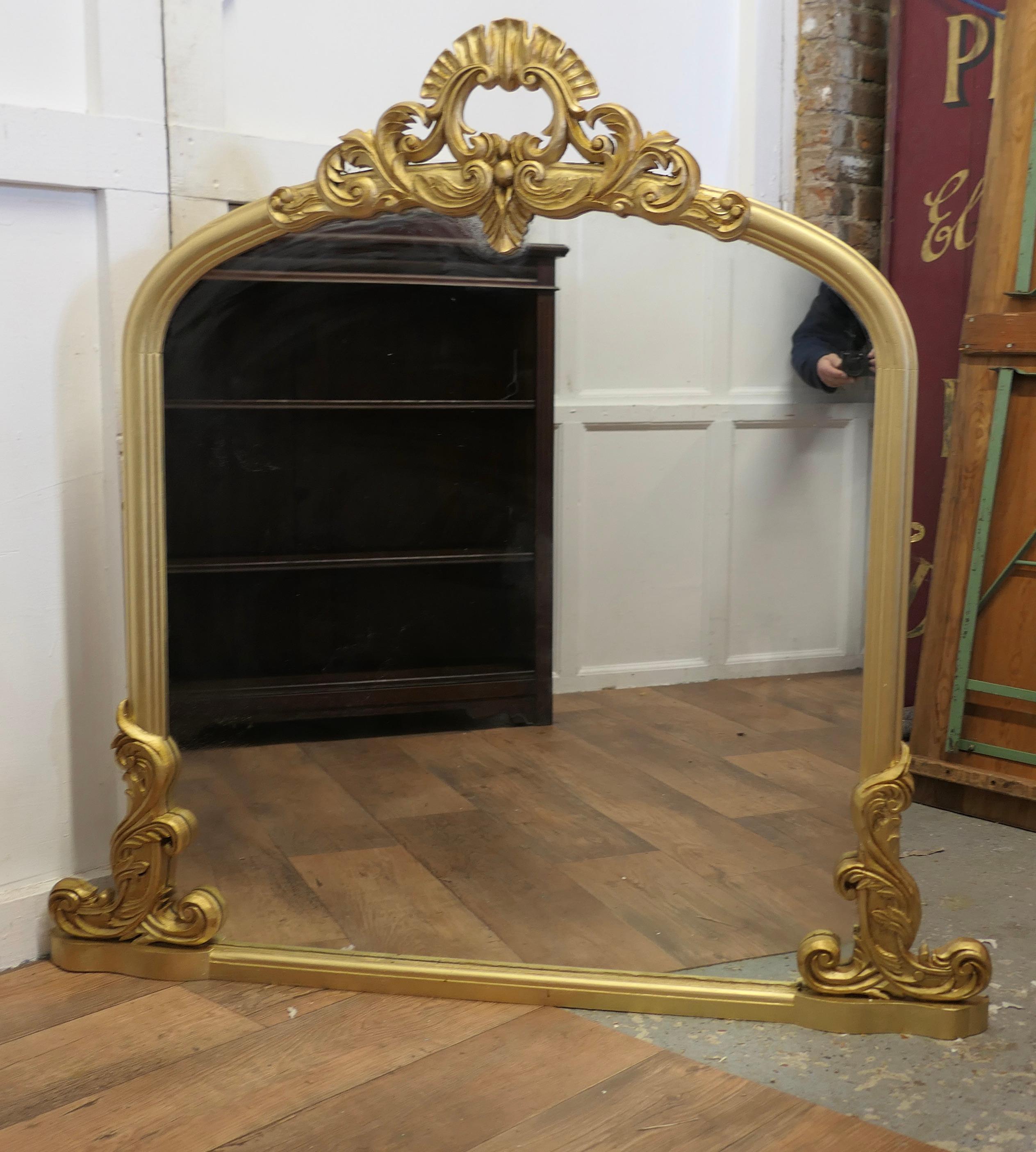 Large Gilt Rococo Style Arched Over Mantle Mirror      2