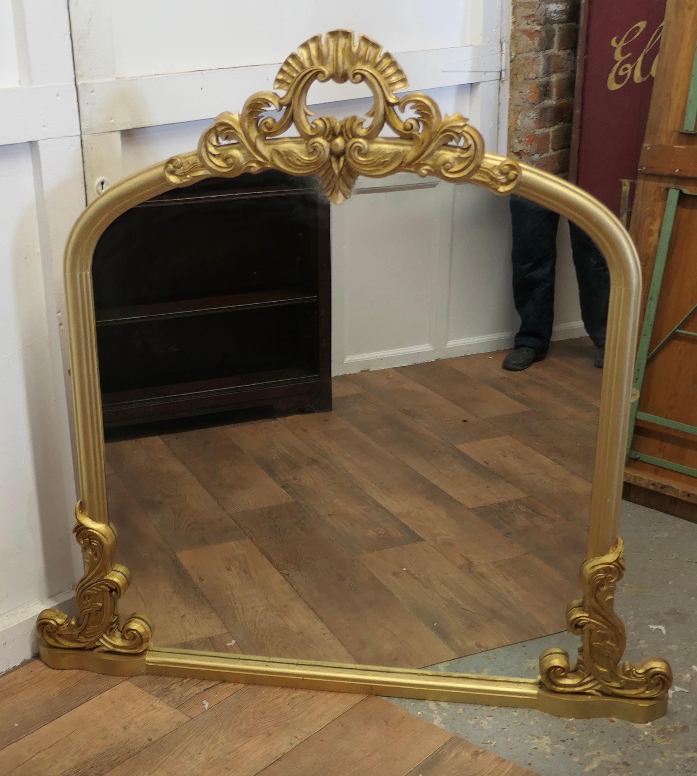 Large Gilt Rococo Style Arched Over Mantle Mirror      3