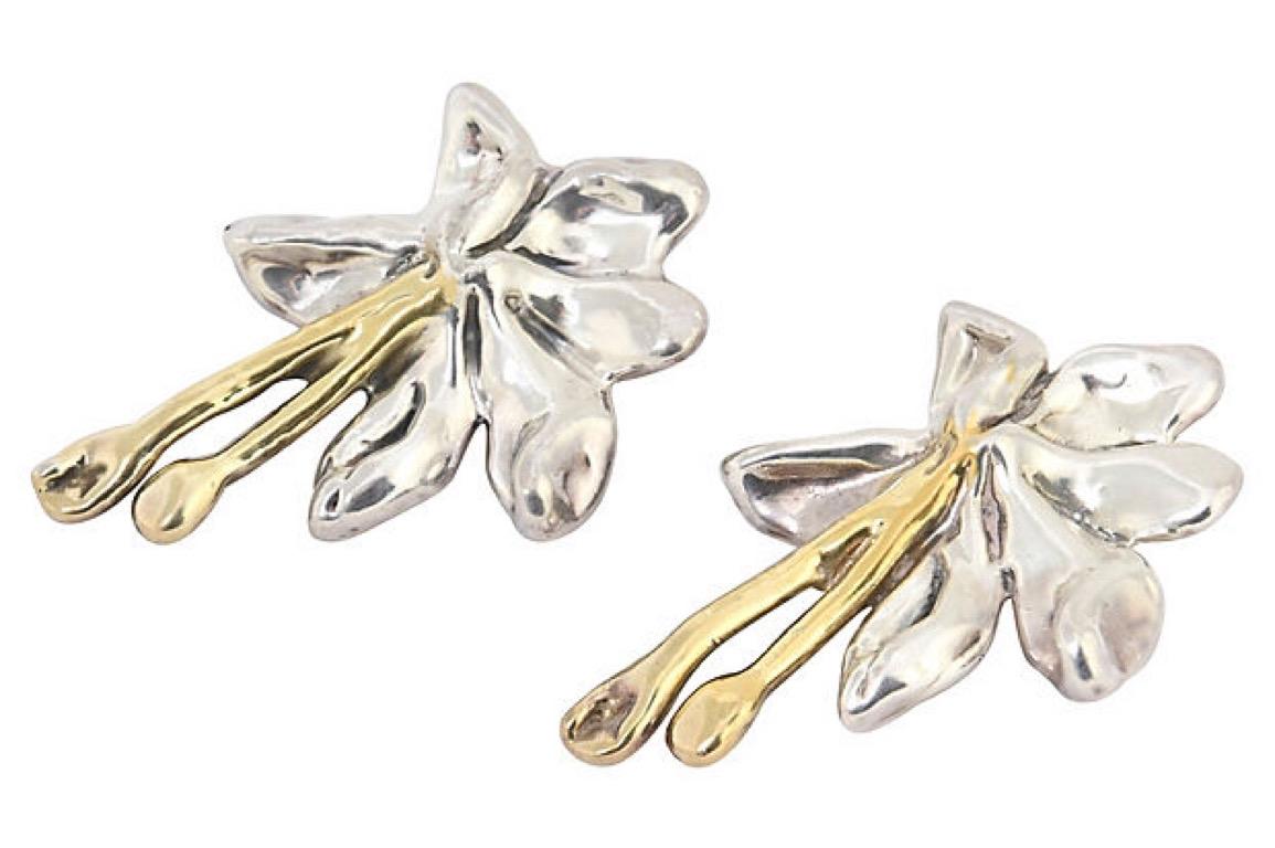 Vintage electroformed sterling silver flower earrings with gilded accents. Clip backs. Hollow and lightweight. Marked 
