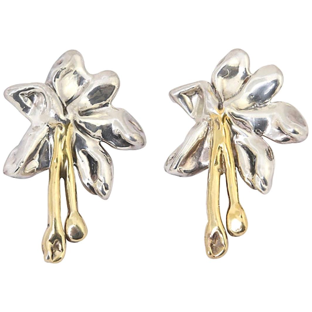 Large Gilt Sterling Silver Flower Clip on Earrings