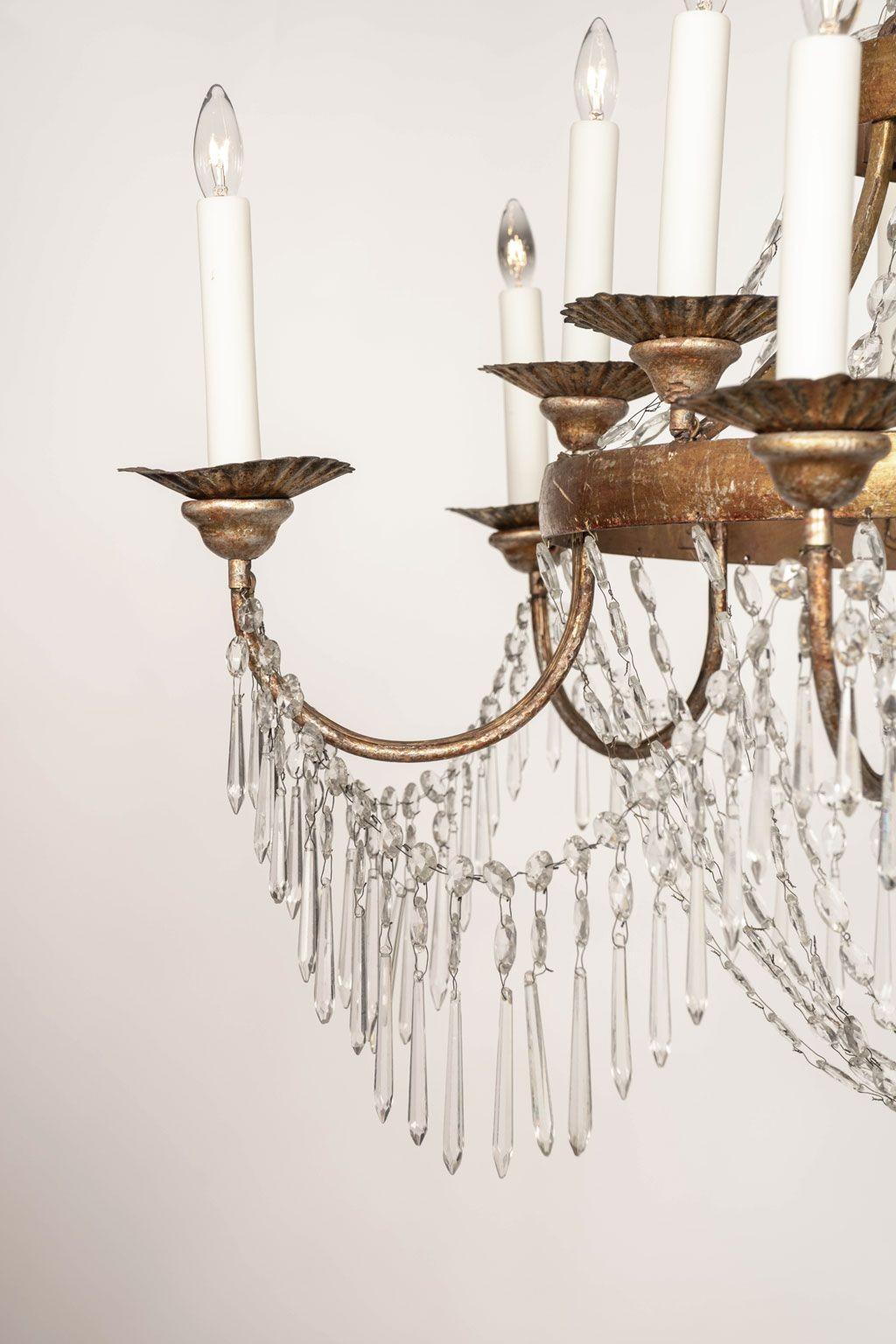 Large gilt tole and crystal Empire period chandelier from Lucca, Italy. Lucca style neoclassical chandelier in large-scale. Cleaned and restored original golden silvered 