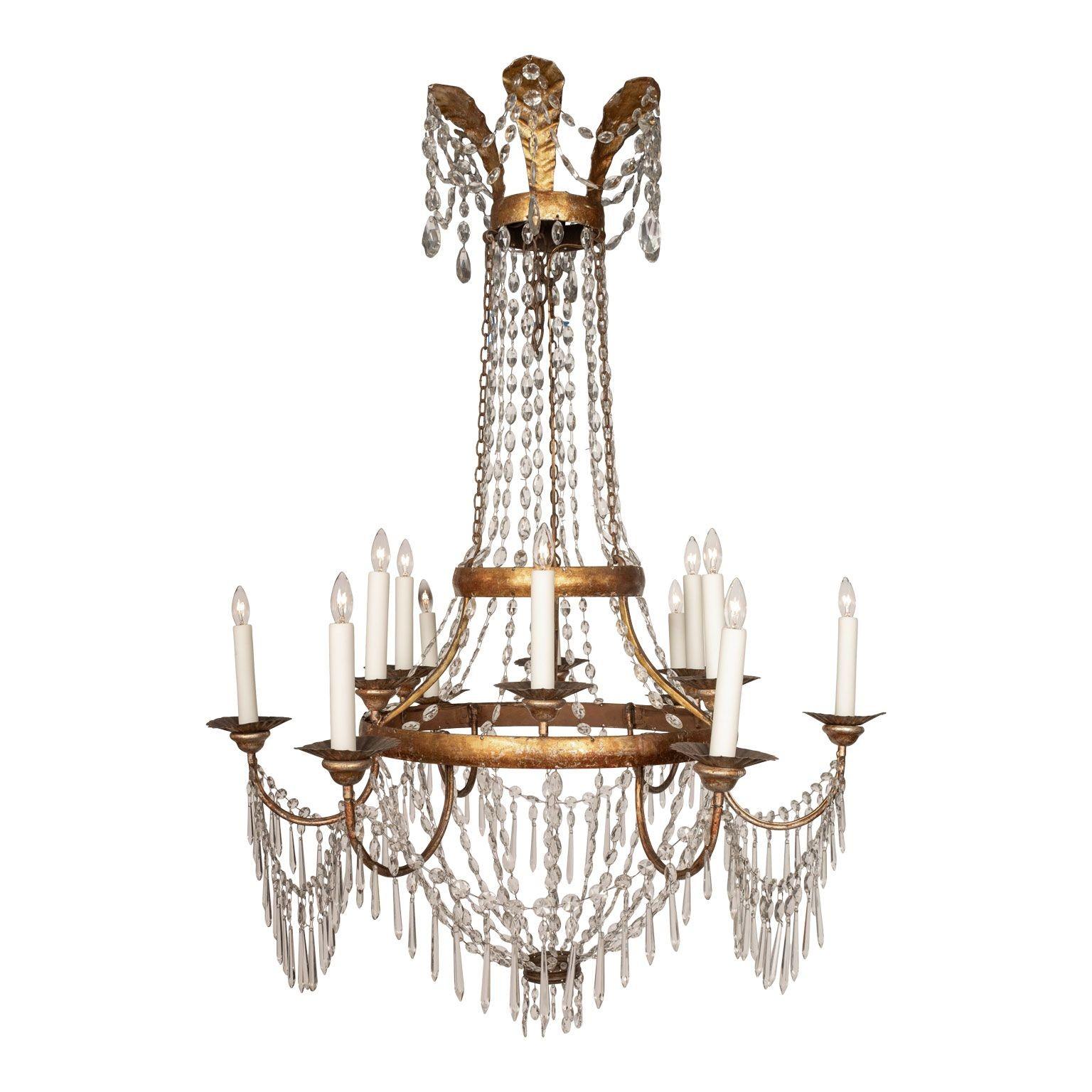 Neoclassical Large Gilt Tole and Crystal Empire Period Chandelier
