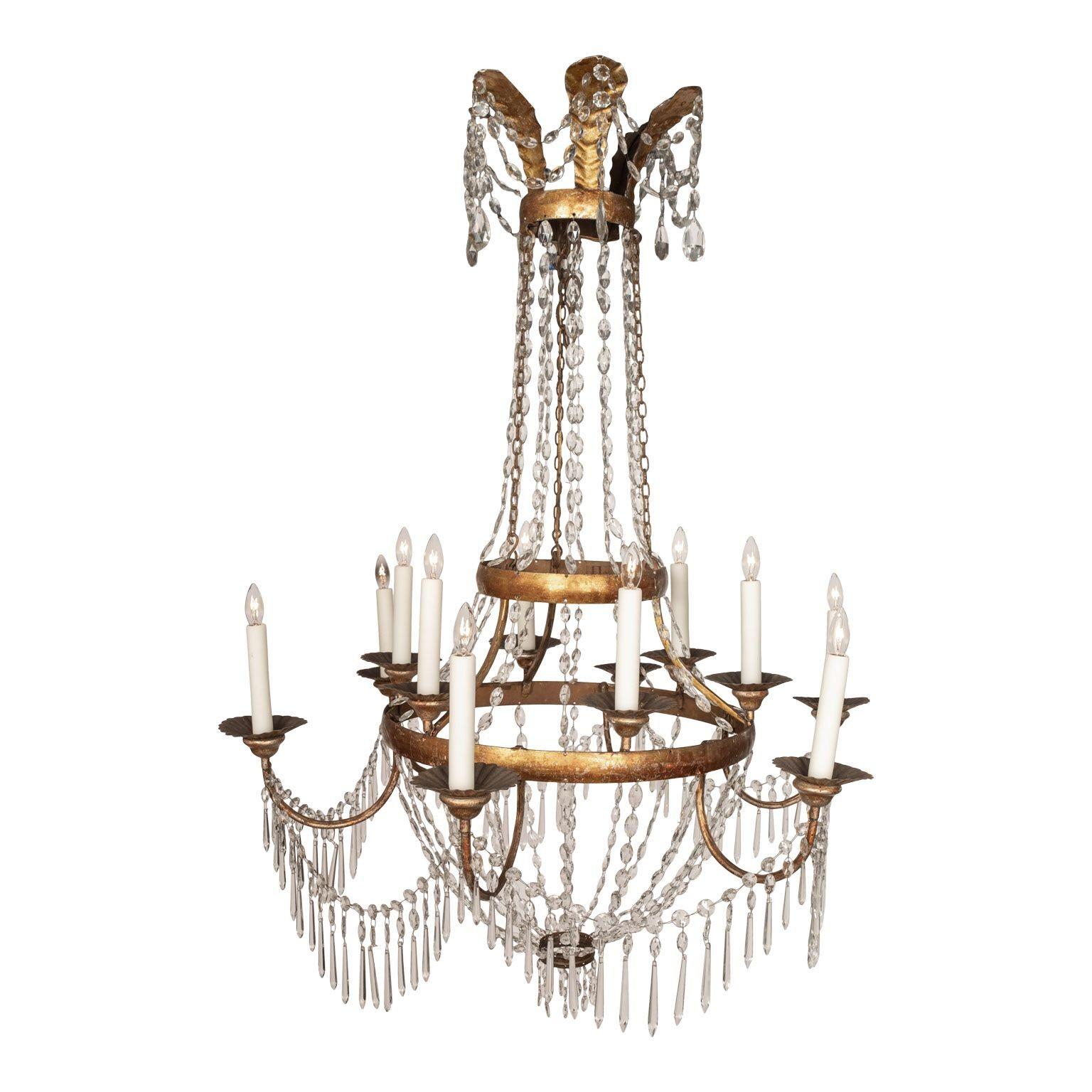 Forged Large Gilt Tole and Crystal Empire Period Chandelier