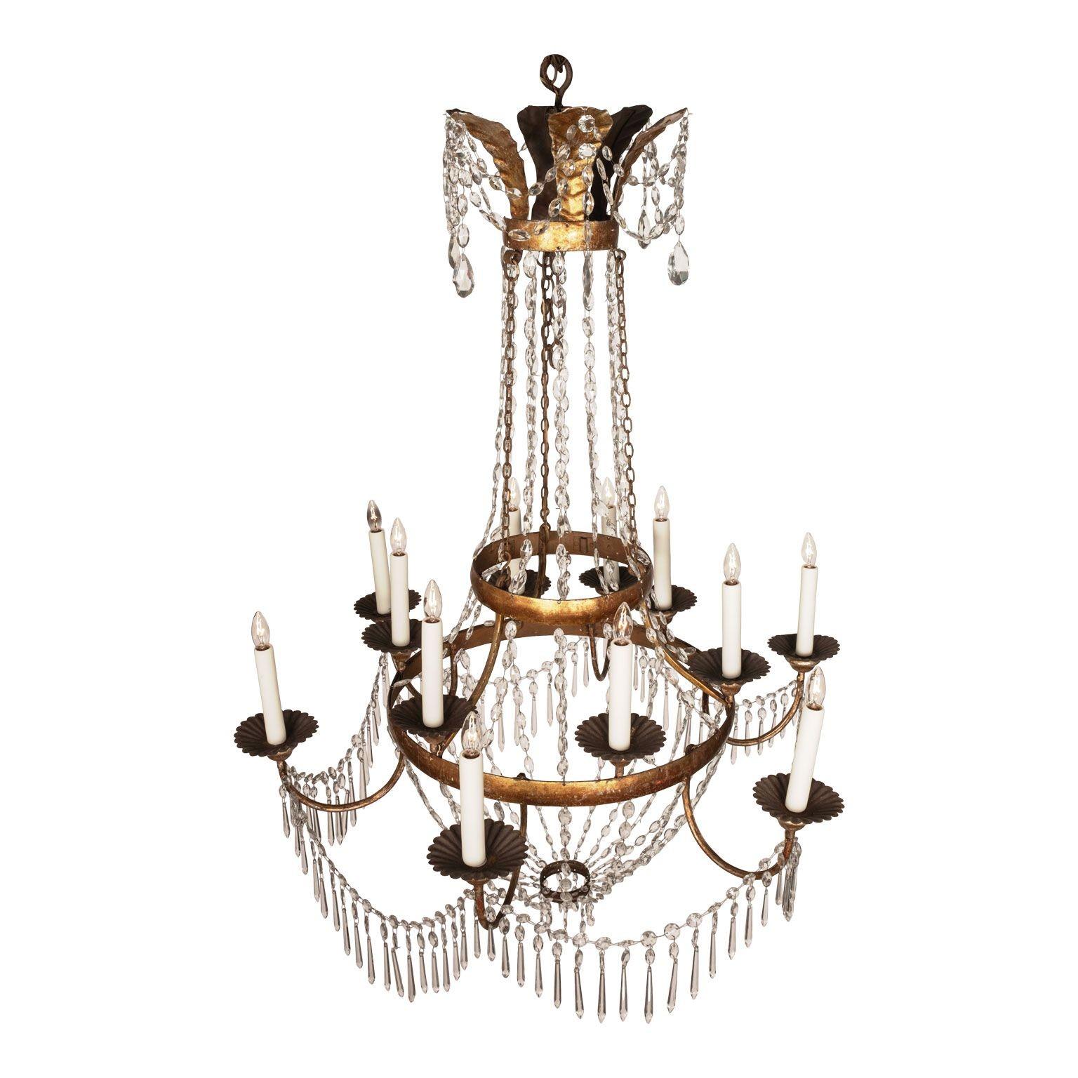 Large Gilt Tole and Crystal Empire Period Chandelier In Good Condition In Houston, TX