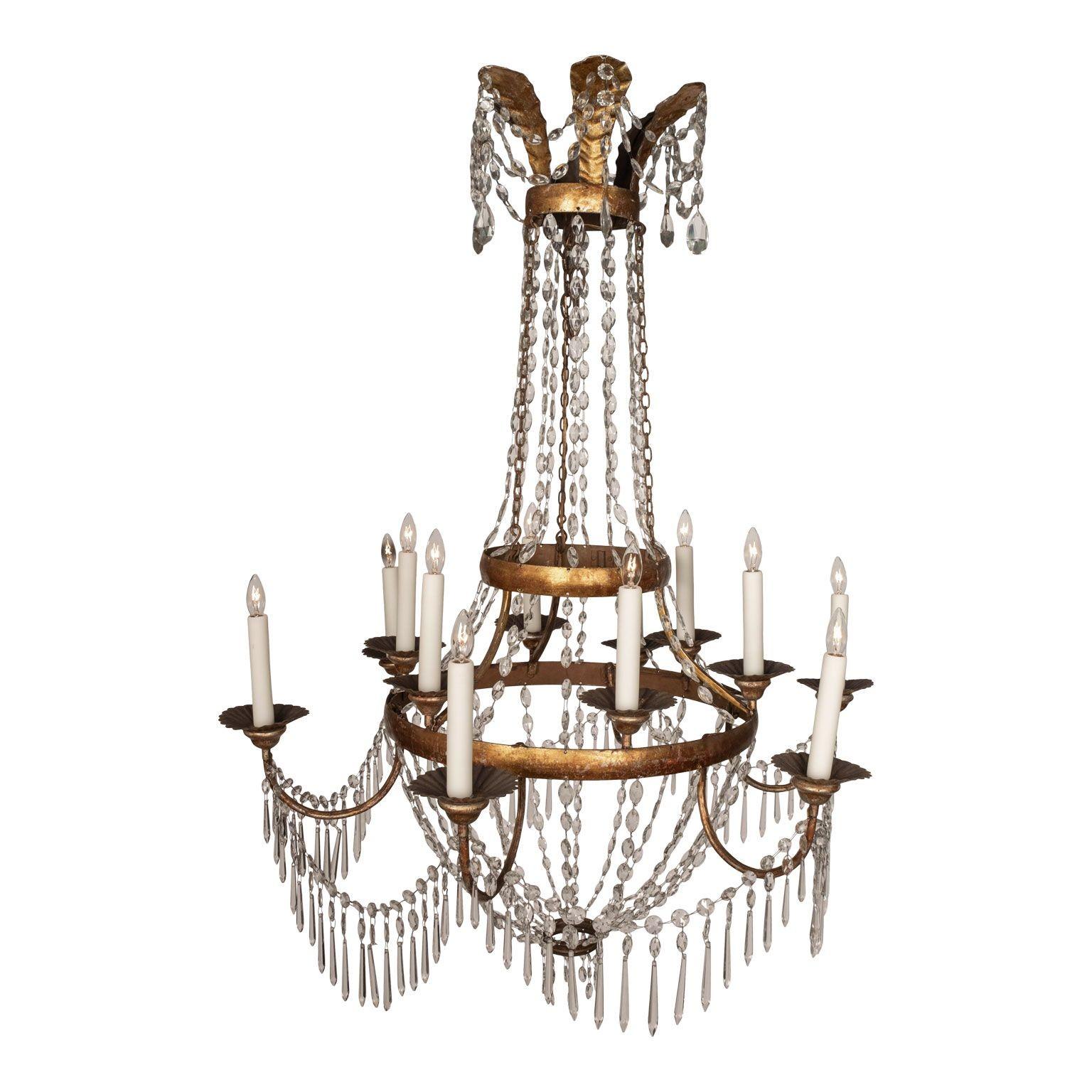 Gold Large Gilt Tole and Crystal Empire Period Chandelier