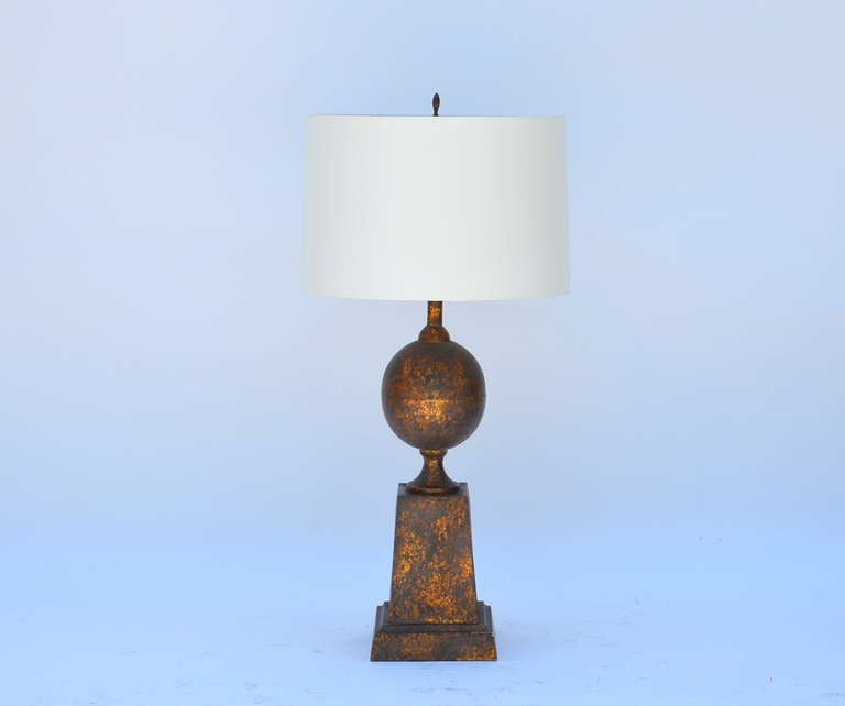 Large gilt tole neoclassical lamp with custom shade.