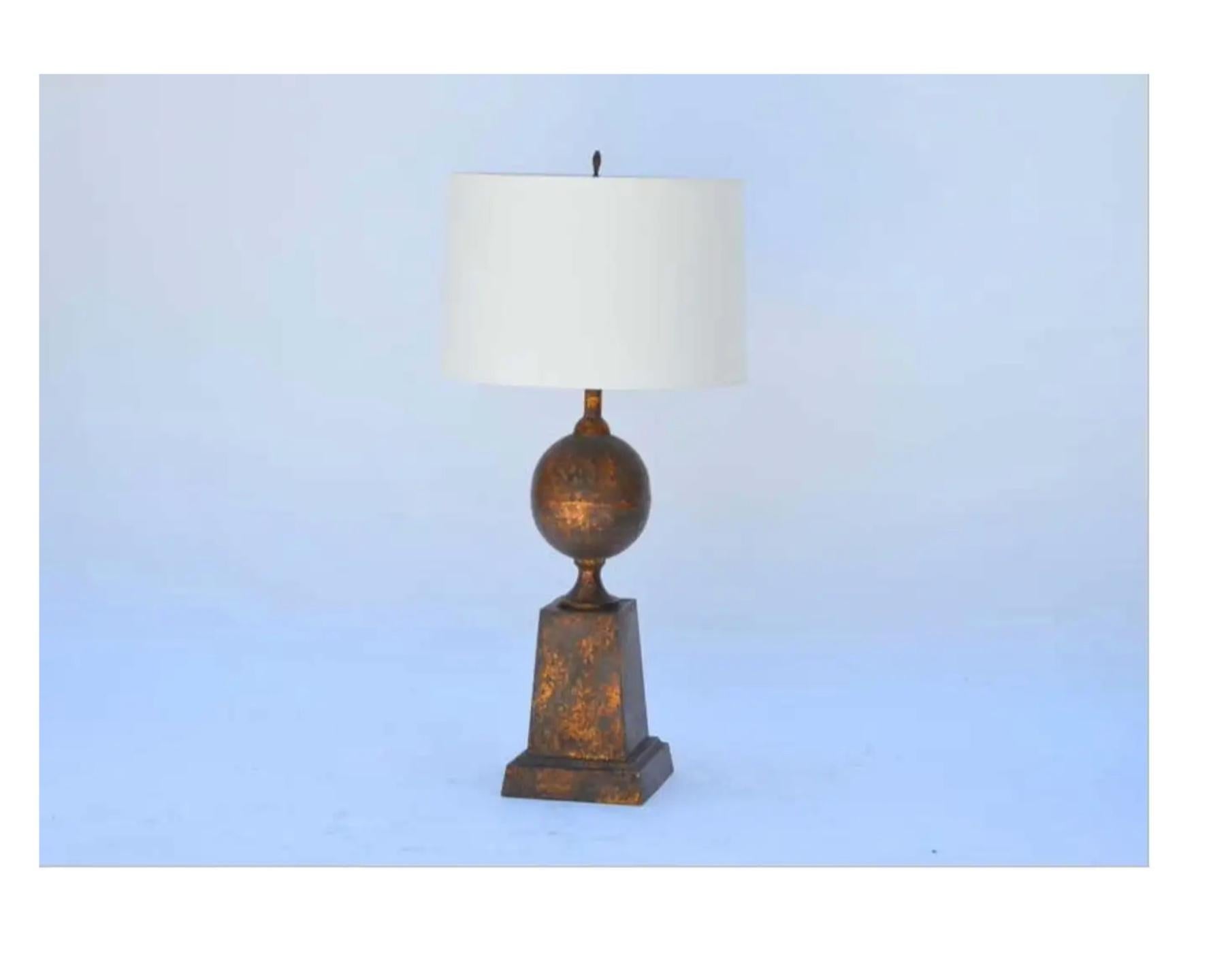 Large Gilt Tole Neoclassical Lamp with Custom Shade In Good Condition For Sale In Los Angeles, CA