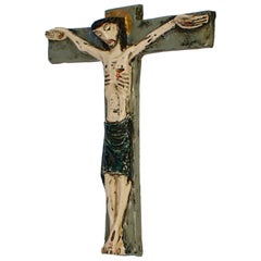 Grand crucifix mural doré, céramique émaillée, fait à la main, Belgique