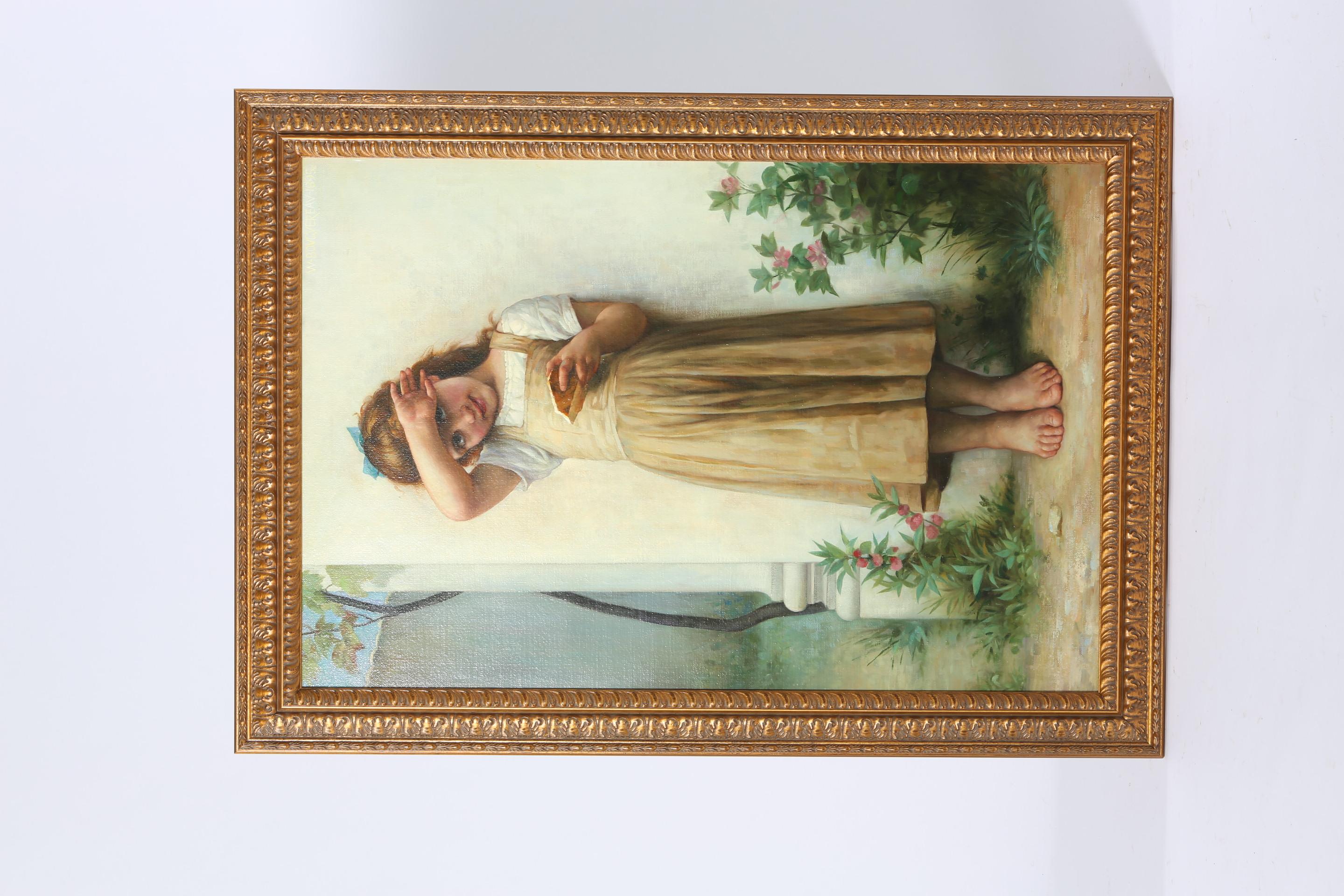 Large giltwood framed oil on canvas painting of a young girl with book after the original by William Adolphe Bouguereau (1825-1905).  The painting is in great condition.  Minor wear consistent with age / use. Artist signature at the left hand