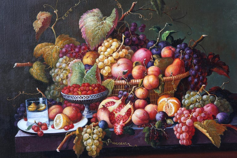Large giltwood framed oil on canvas 19th century style still life of fruit. The oil painting is in great condition with minor wear consistent with age / use. The giltwood frame is about 38 inches wide x 32 inches high. The canvas is about 29 inches