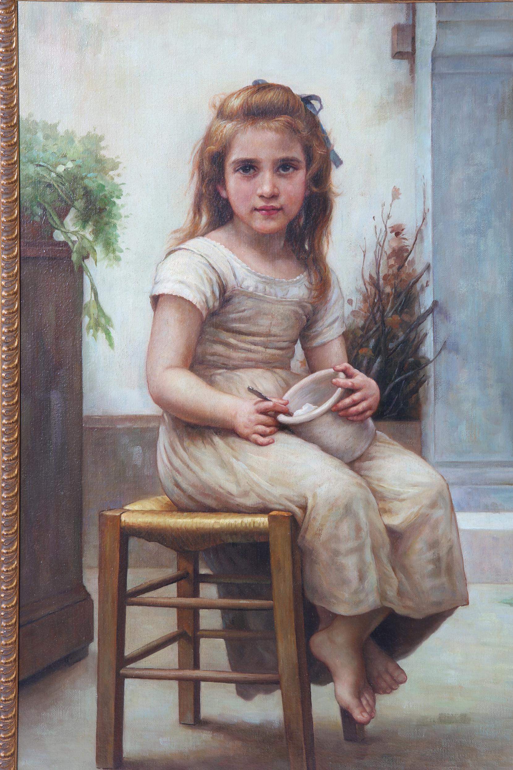Large gilt wood framed oil on canvas painting . 19th century style Girl with book 