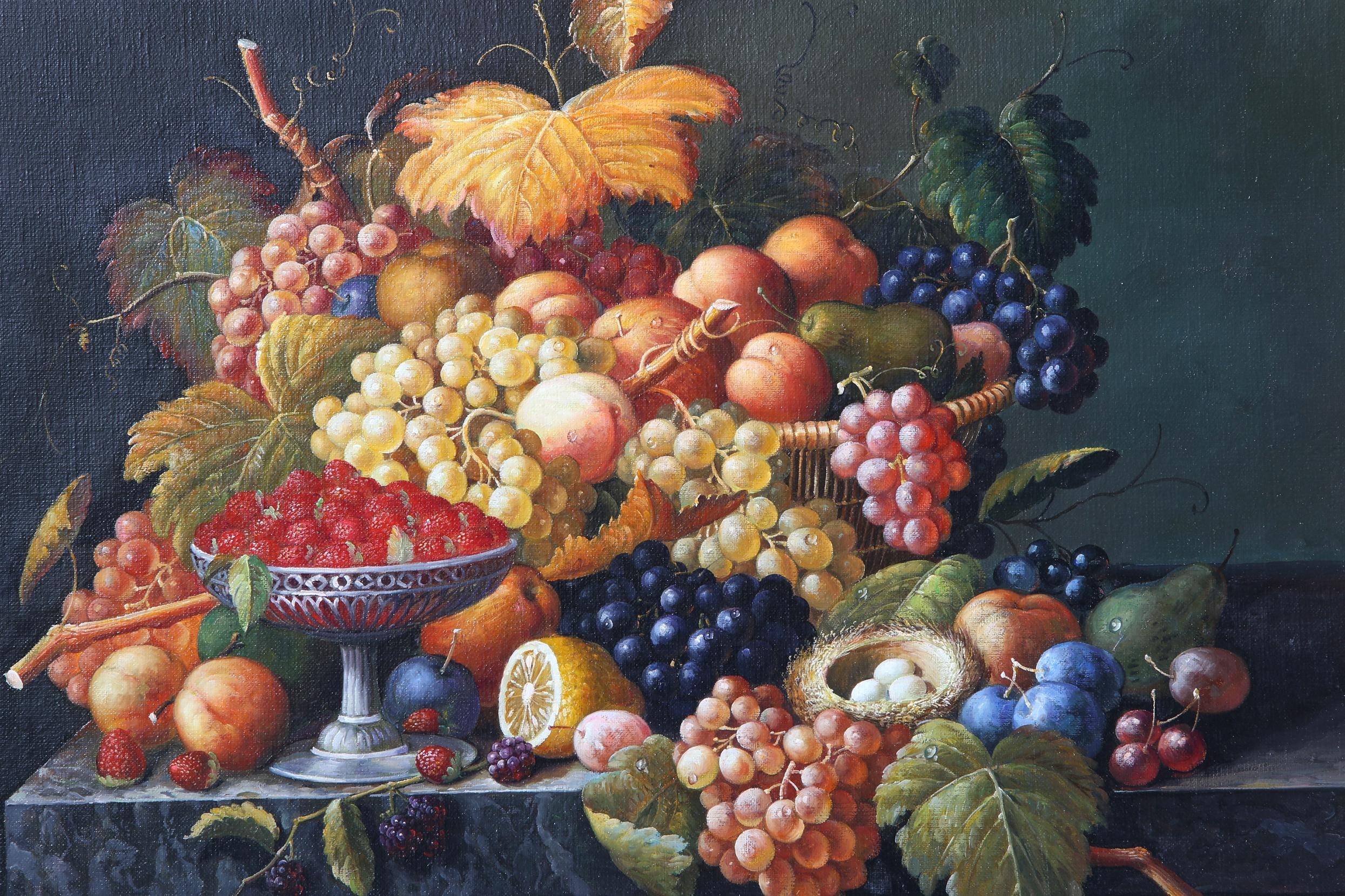 Large gilt wood framed oil on canvas 19th century style still life of fruit. The oil painting is in great condition with minor wear consistent with age / use. The gilt wood frame is about 38 inches wide x 32 inches high. The canvas is about 29