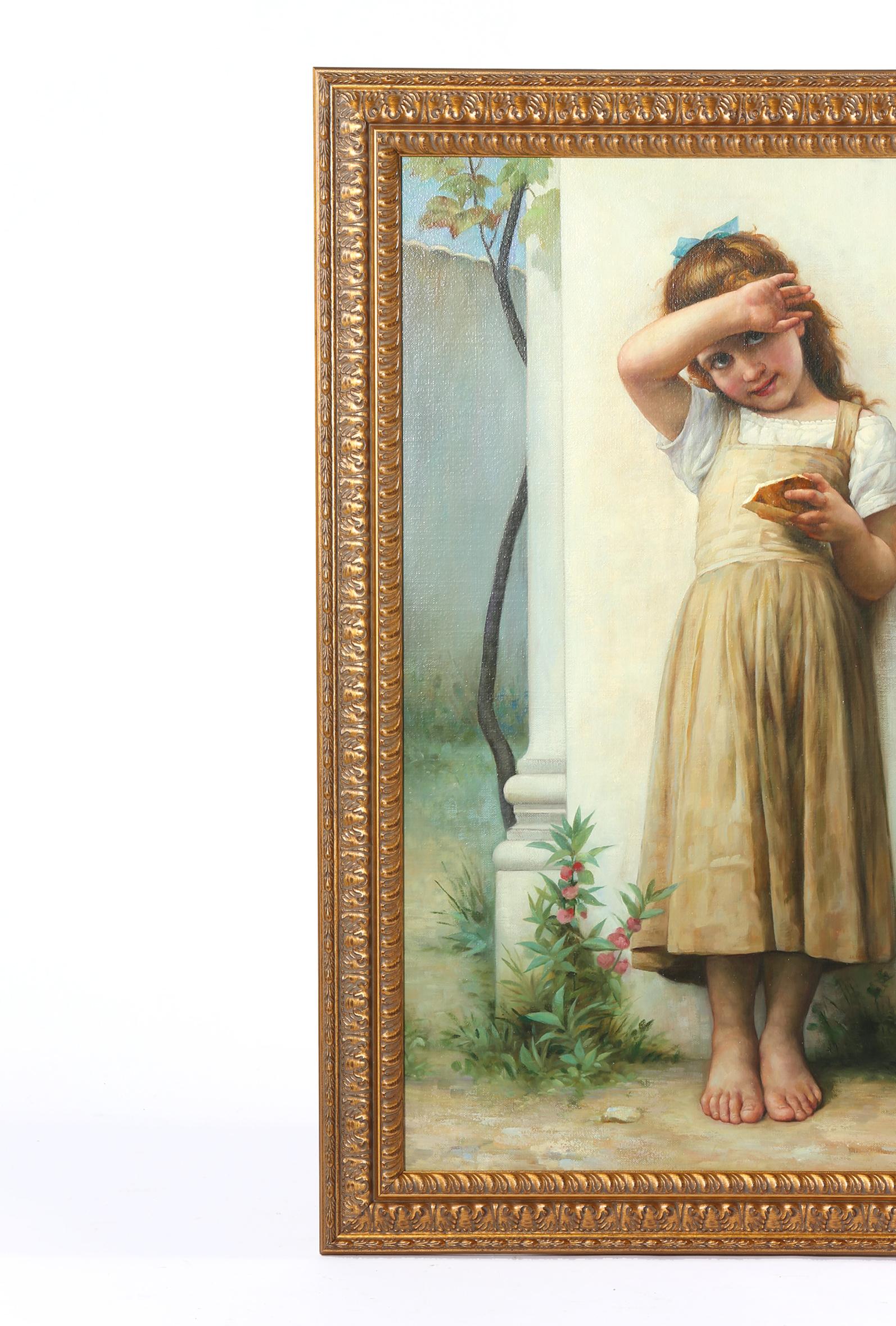 19th Century Large Giltwood Framed Portrait Oil / Canvas Painting After Bougereau For Sale