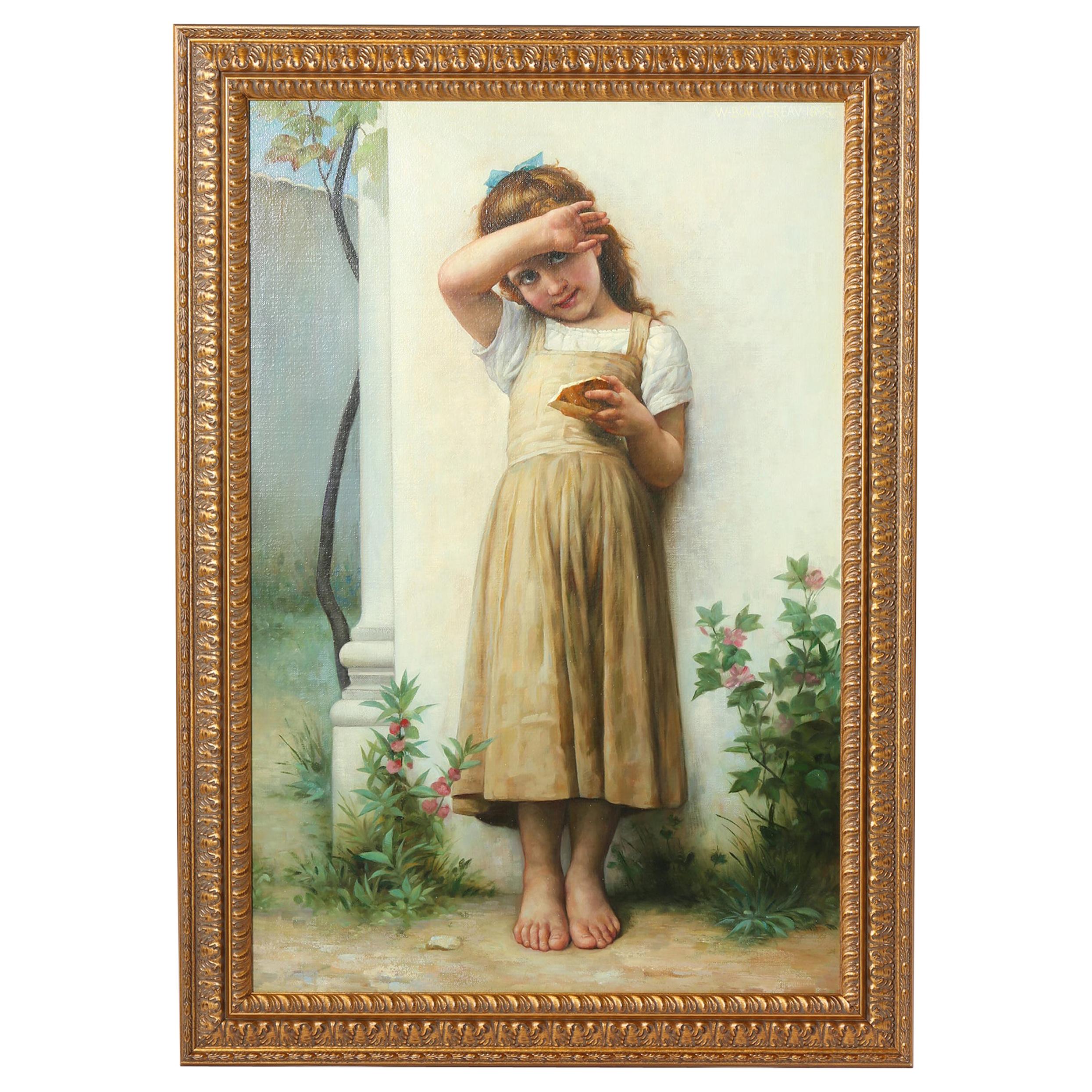 Grande ritratto incorniciato in legno dorato dipinto a olio/su tela dopo Bougereau in vendita