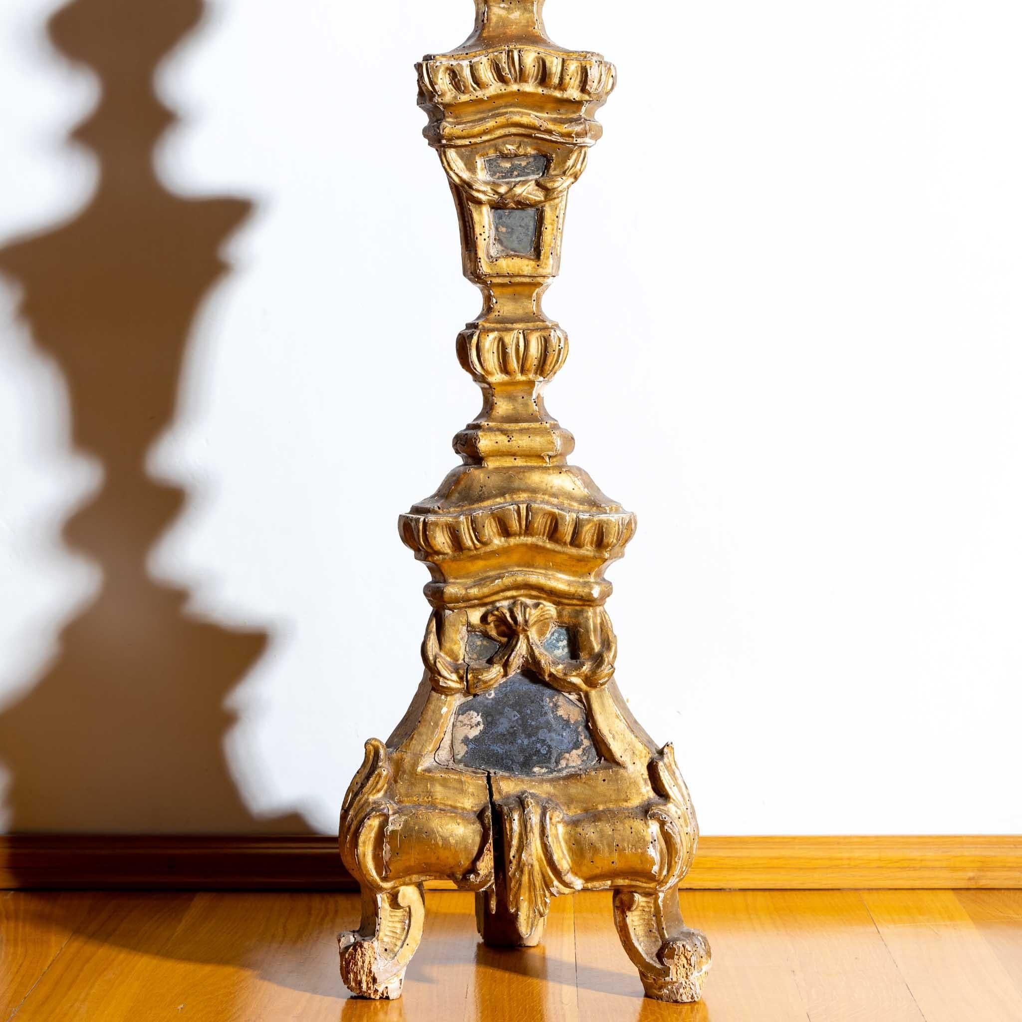 18th Century and Earlier Large Giltwood Baroque Altar Candlestick, Italy, 18th Century For Sale