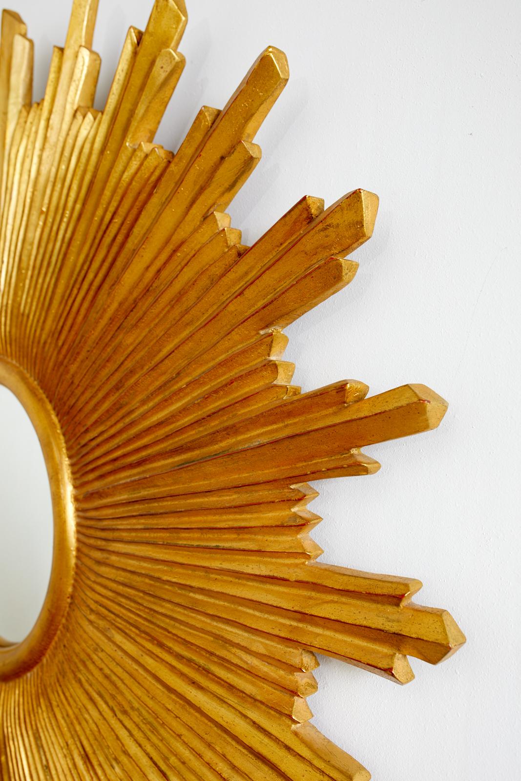 Hollywood Regency Large Giltwood Carved Convex Sunburst Mirror For Sale