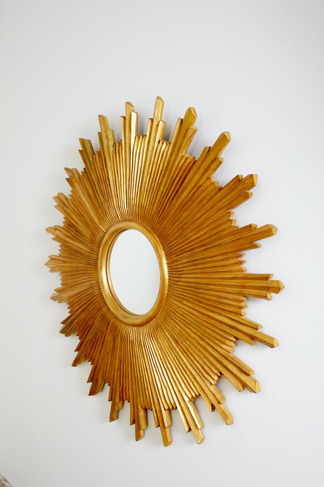 20th Century Large Giltwood Carved Convex Sunburst Mirror For Sale