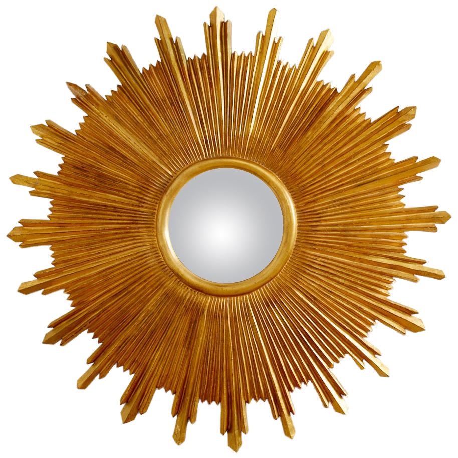 Grand miroir en bois doré sculpté en forme de soleil convexe en vente