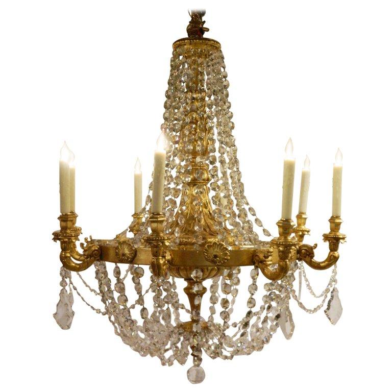 Large Giltwood Eight-Light Chandelier with Crystal Swags, 19th Century