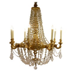 Large Giltwood Eight-Light Chandelier with Crystal Swags, 19th Century