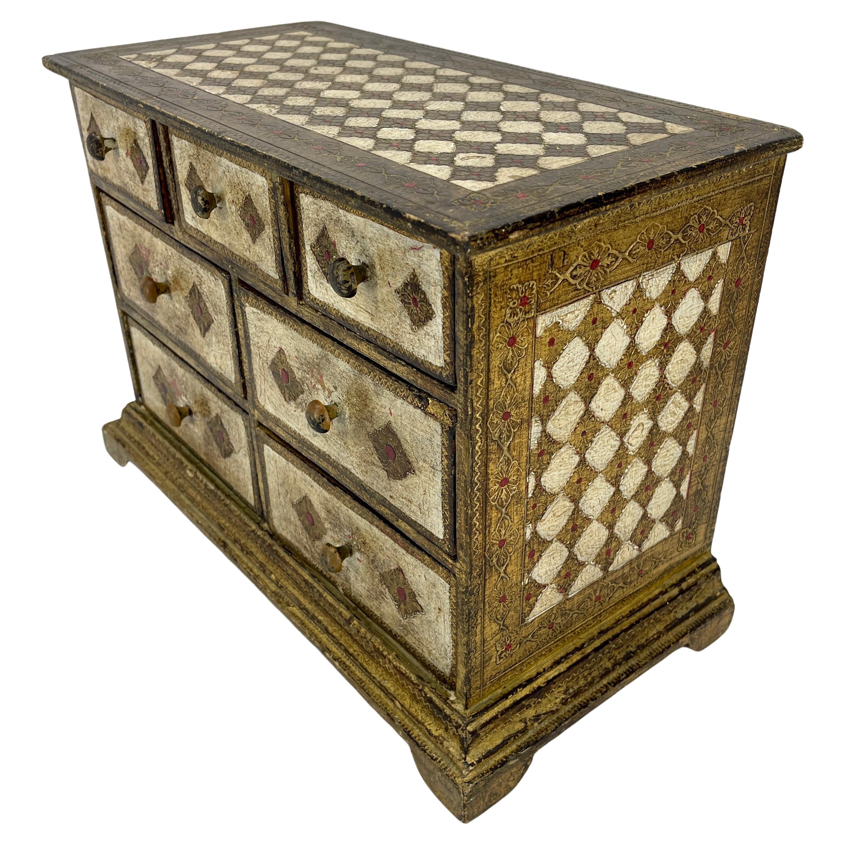 Hollywood Regency Large Gilt Wood Florentine Jewelry Box Chest of Drawers, Italy 1950's