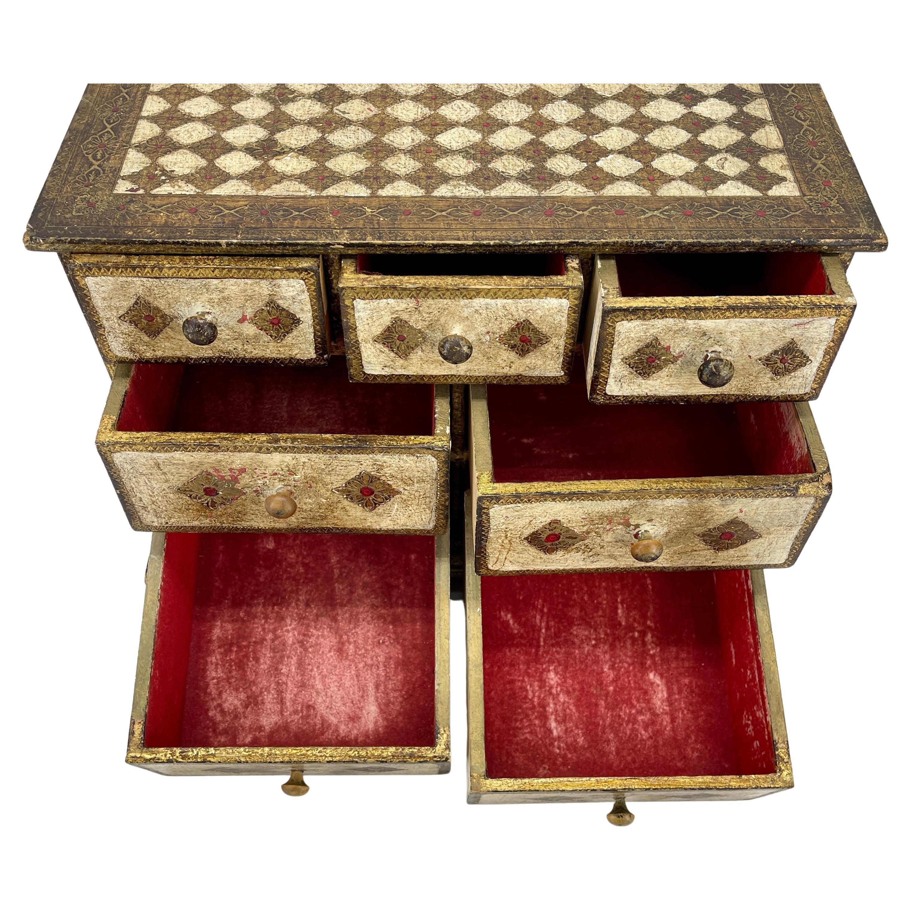 Italian Large Gilt Wood Florentine Jewelry Box Chest of Drawers, Italy 1950's