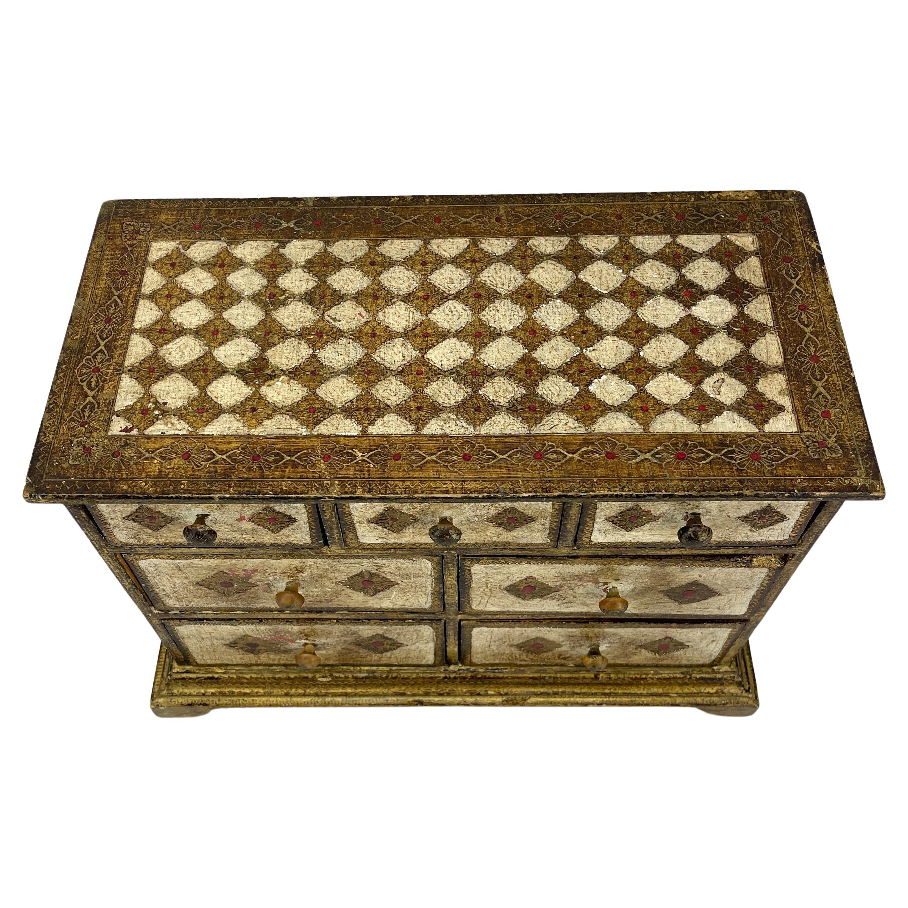 Hand-Painted Large Gilt Wood Florentine Jewelry Box Chest of Drawers, Italy 1950's