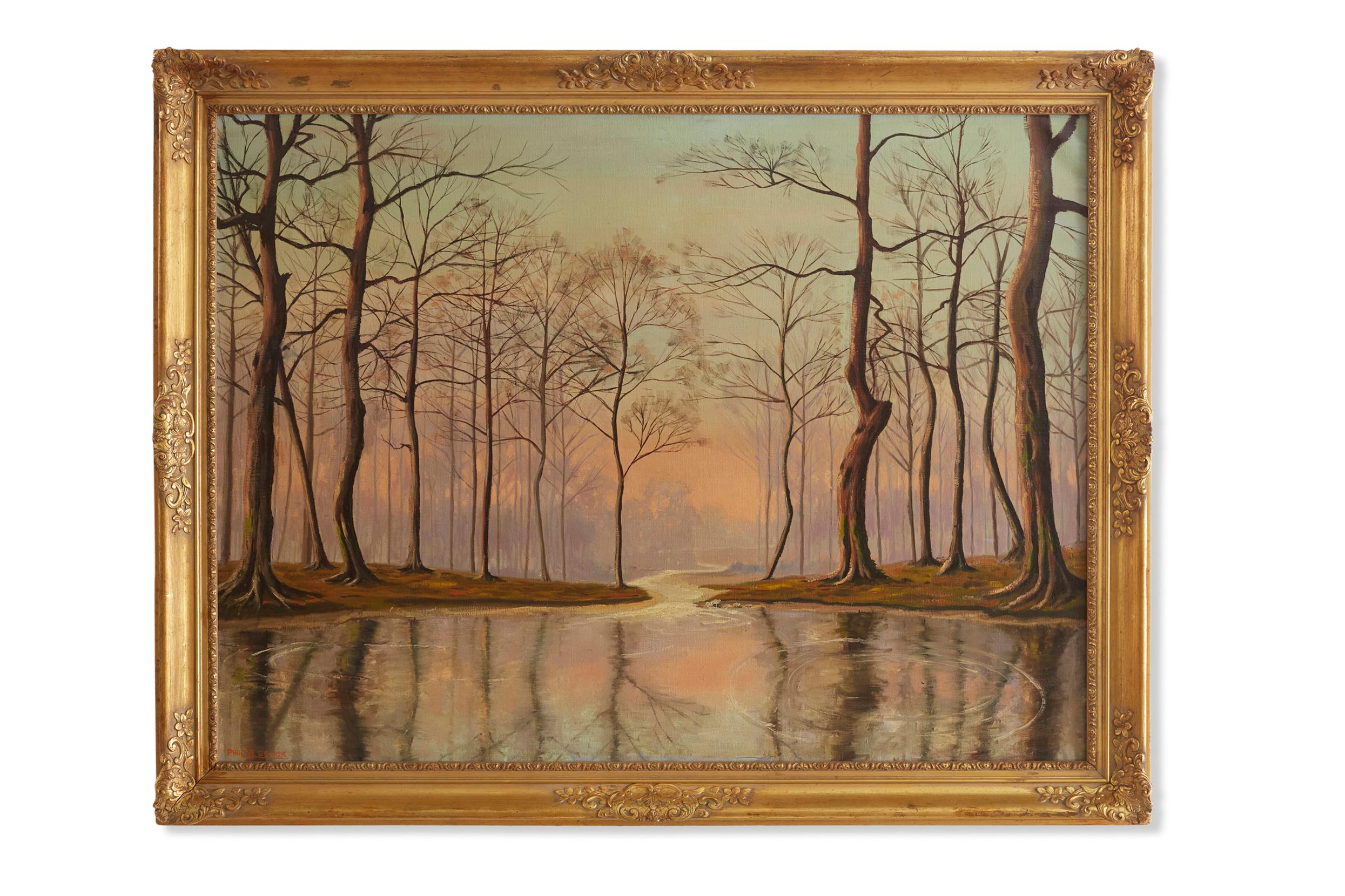 Large gilt wood framed American Paul Raymond Schick ( 1888 - 1975 ) oil on canvas painting. The painting is in good condition. Minor wear consistent with age / use. Artist signature lower left. The canvas measure 40 1/8 inches X 30 1/4 inches.