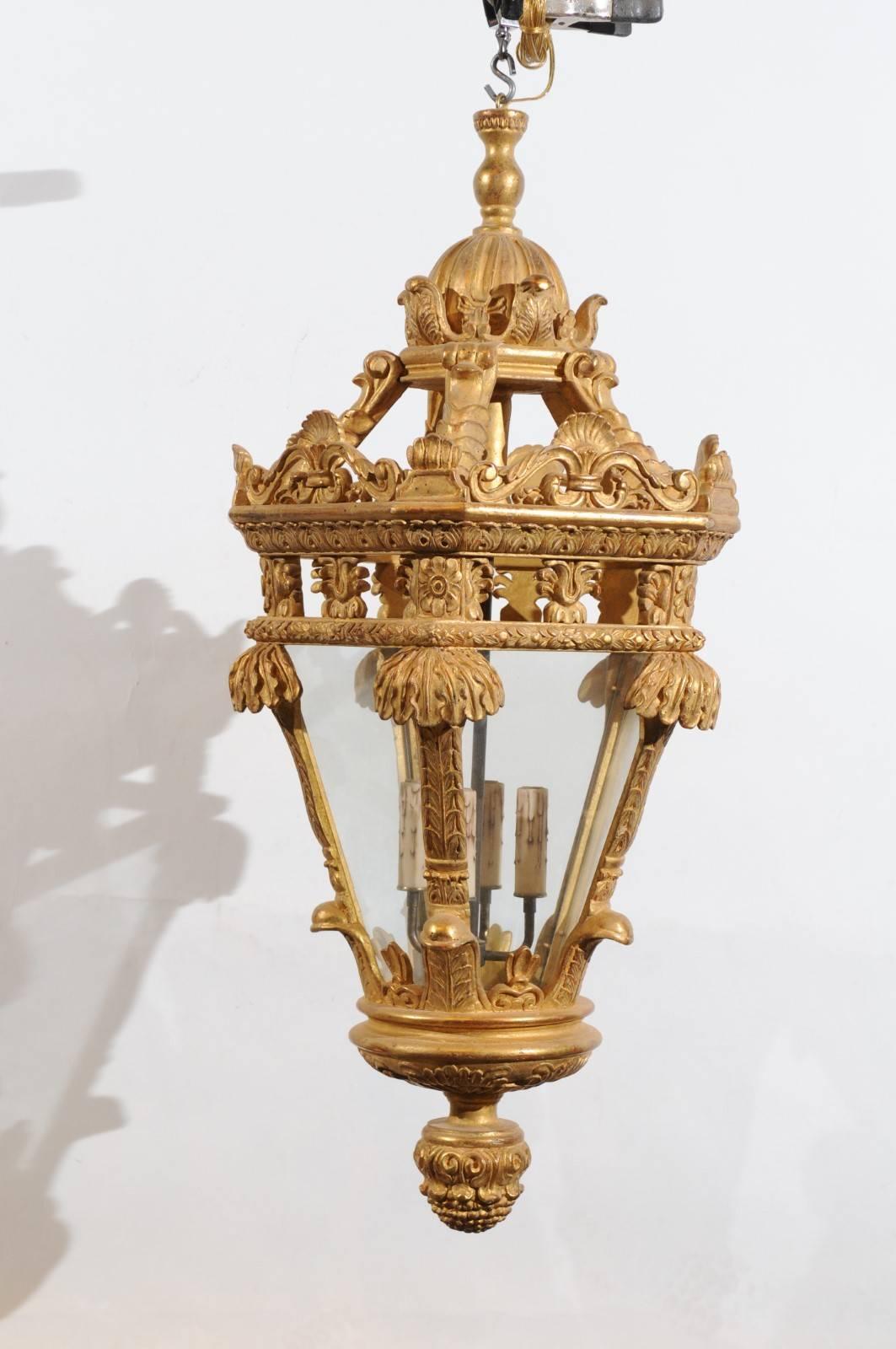 Large giltwood lantern with 4 lights, hand-carved reproduction.