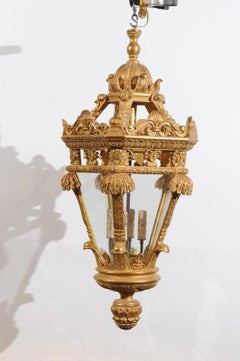 Large Giltwood Lantern with 4 Lights, Hand-Carved Reproduction