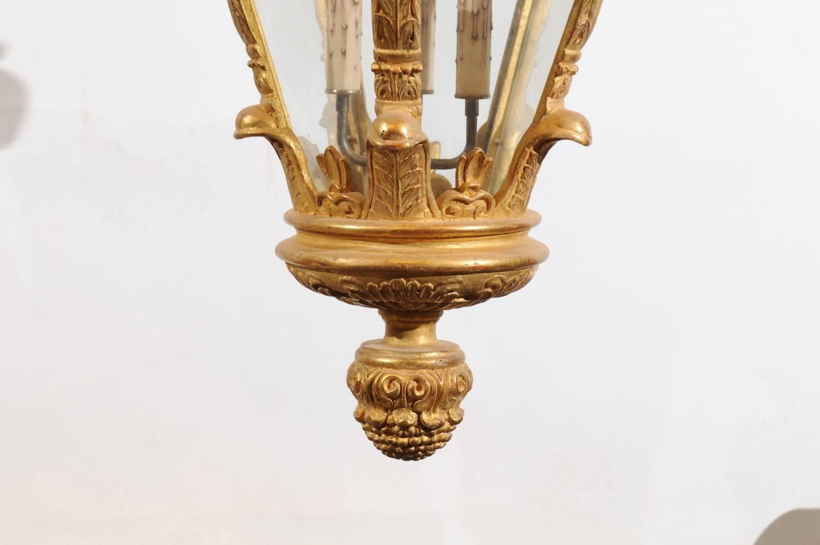Large Giltwood Lantern with 4 Lights, Hand-Carved Reproduction In Good Condition For Sale In Atlanta, GA