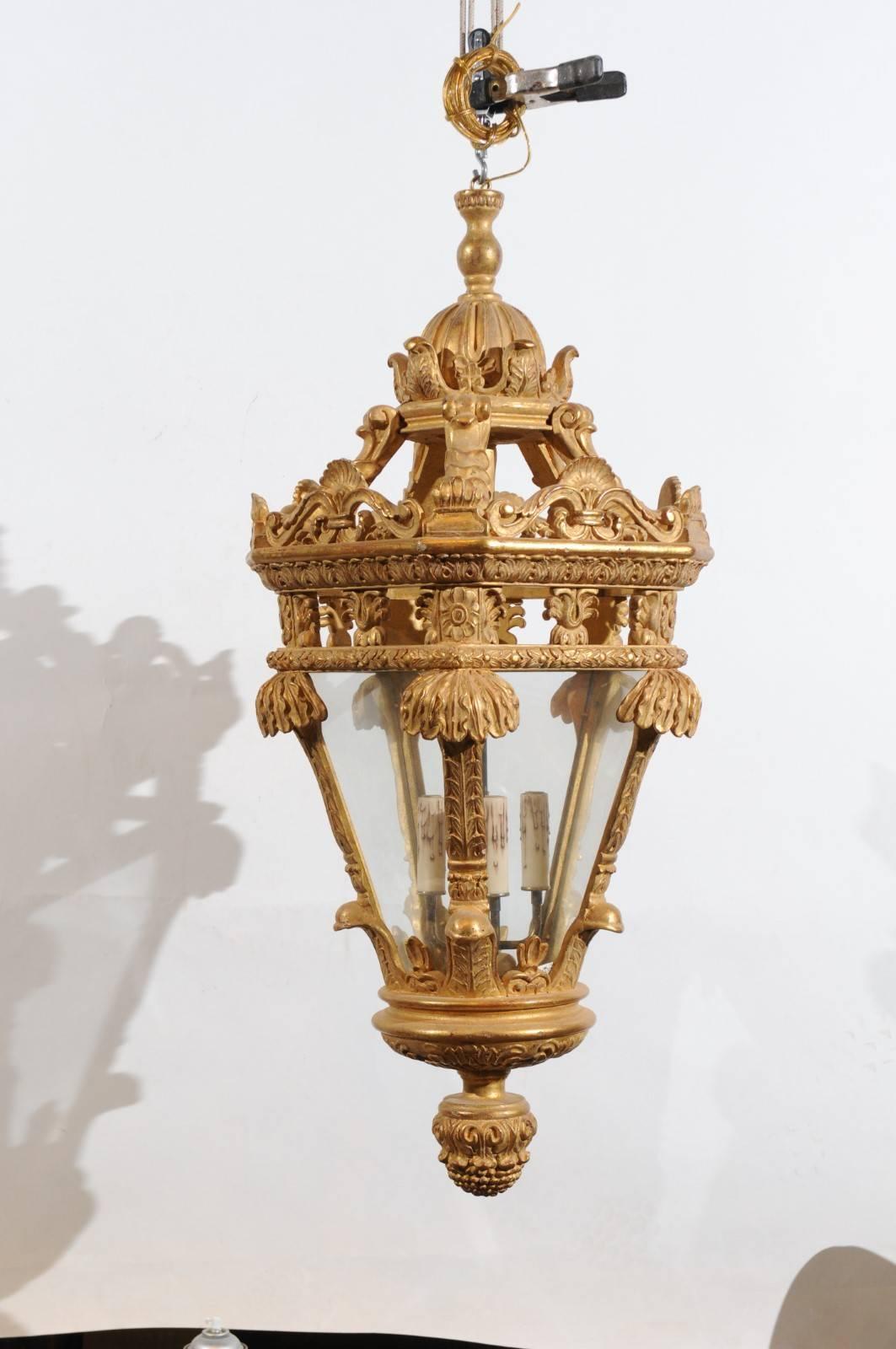 Contemporary Large Giltwood Lantern with 4 Lights, Hand-Carved Reproduction For Sale