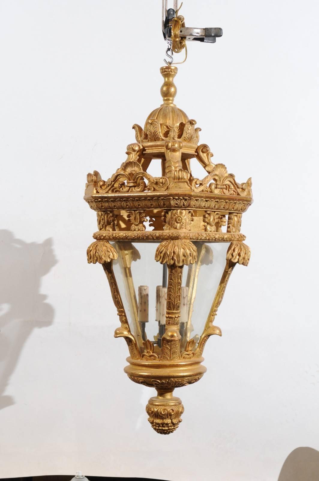 Large Giltwood Lantern with 4 Lights, Hand-Carved Reproduction For Sale 1