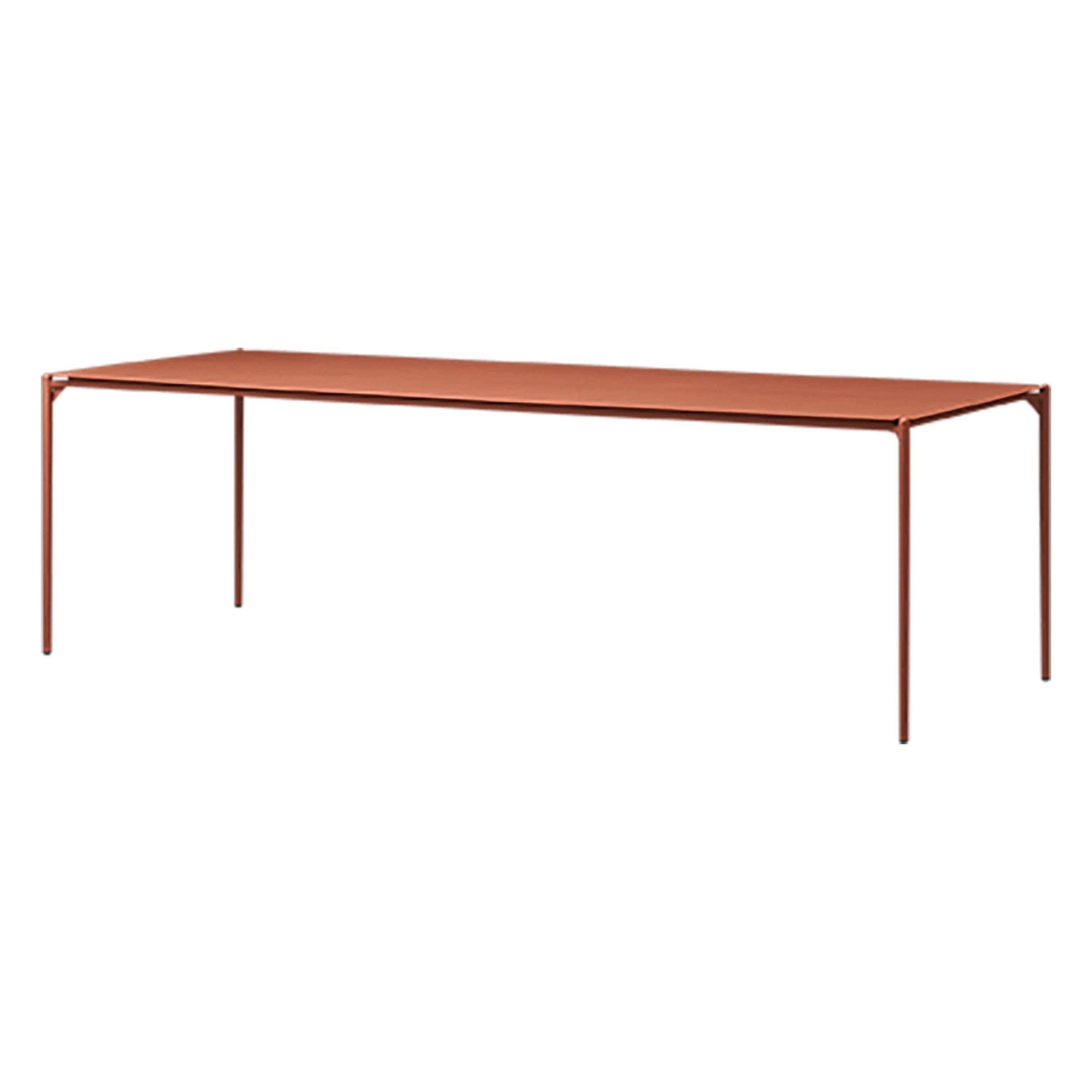 Large ginger bread Minimalist table
Dimensions: D 240 x W 90 x H 72 cm 
Materials: Steel w. matte powder coating & aluminum w. matte powder coating.
Available in colors: Taupe, bordeaux, forest, ginger bread, black and, black and gold.


Bring