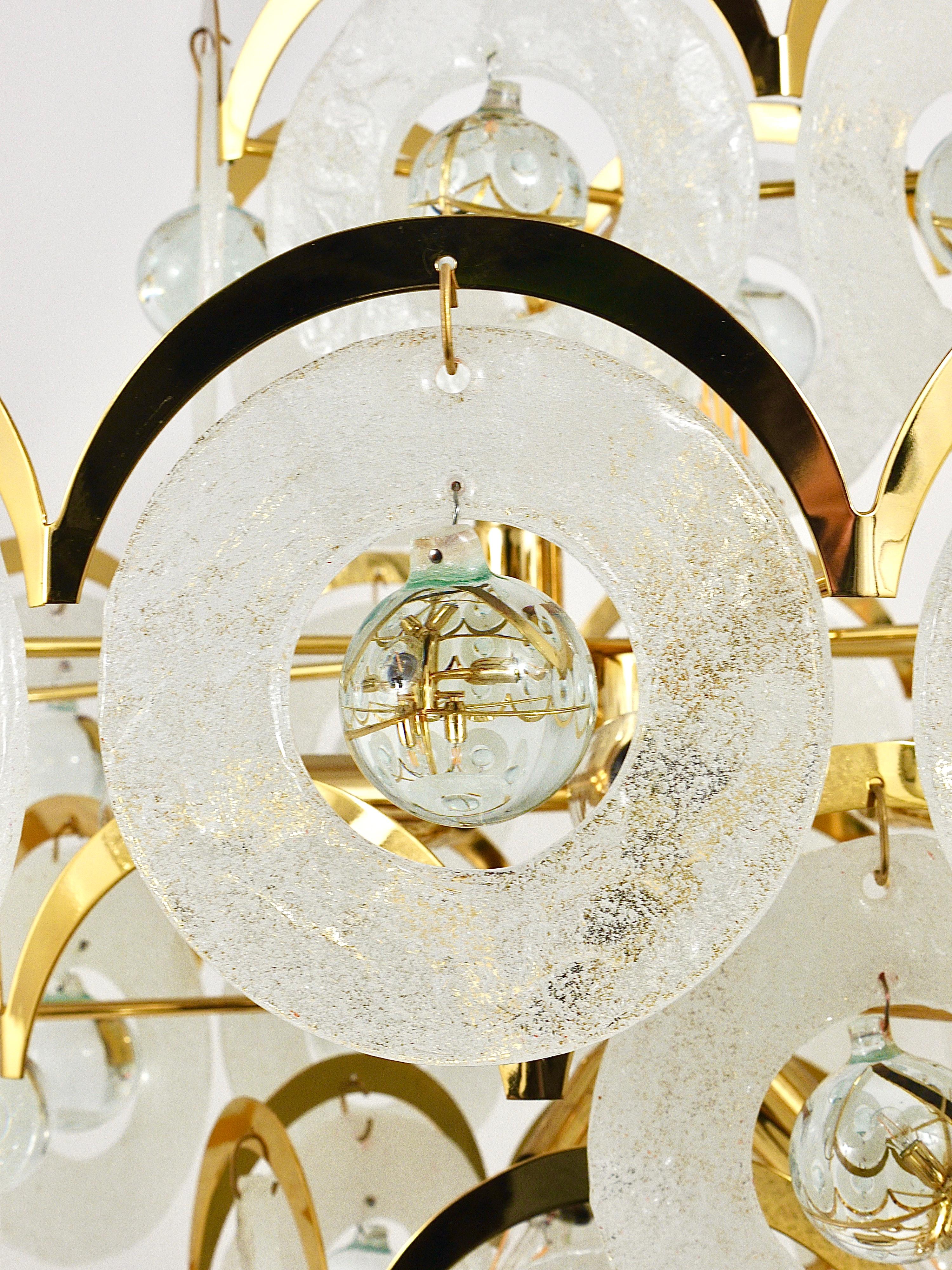 Italian Large Gino Vistosi Murano Glass Disc Brass Chandelier, Italy, 1970s