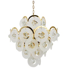 Large Gino Vistosi Murano Glass Disc Brass Chandelier, Italy, 1970s