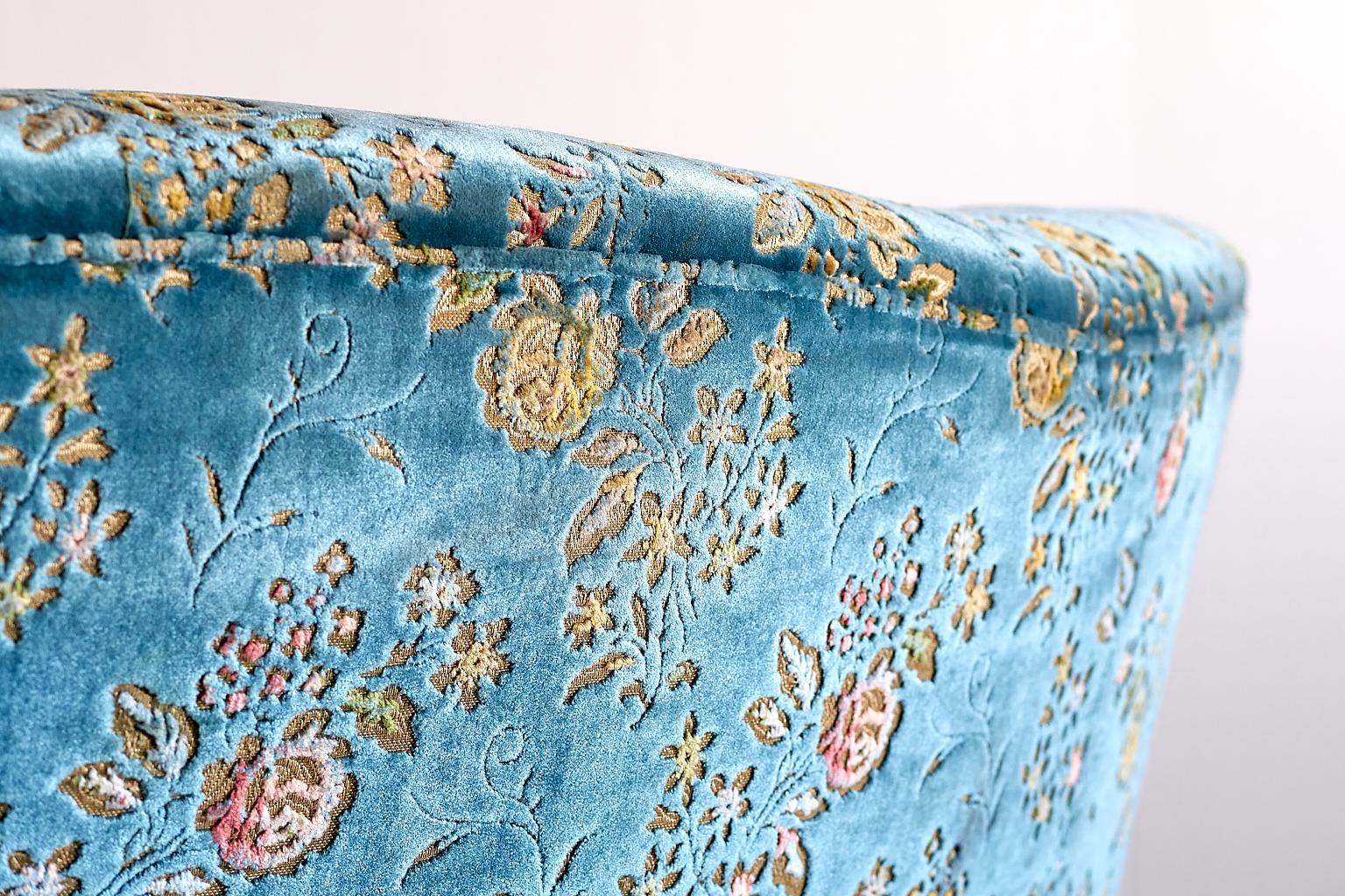 Mohair Large Gio Ponti Attributed Curved Sofa in Original Blue Floral Upholstery, 1930s