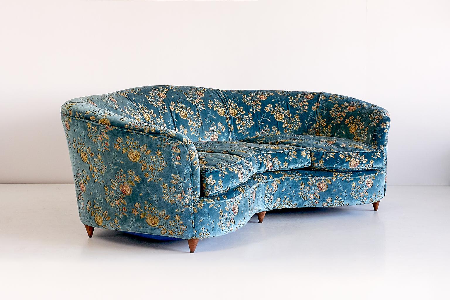 Modern Large Gio Ponti Attributed Curved Sofa in Original Blue Floral Upholstery, 1930s