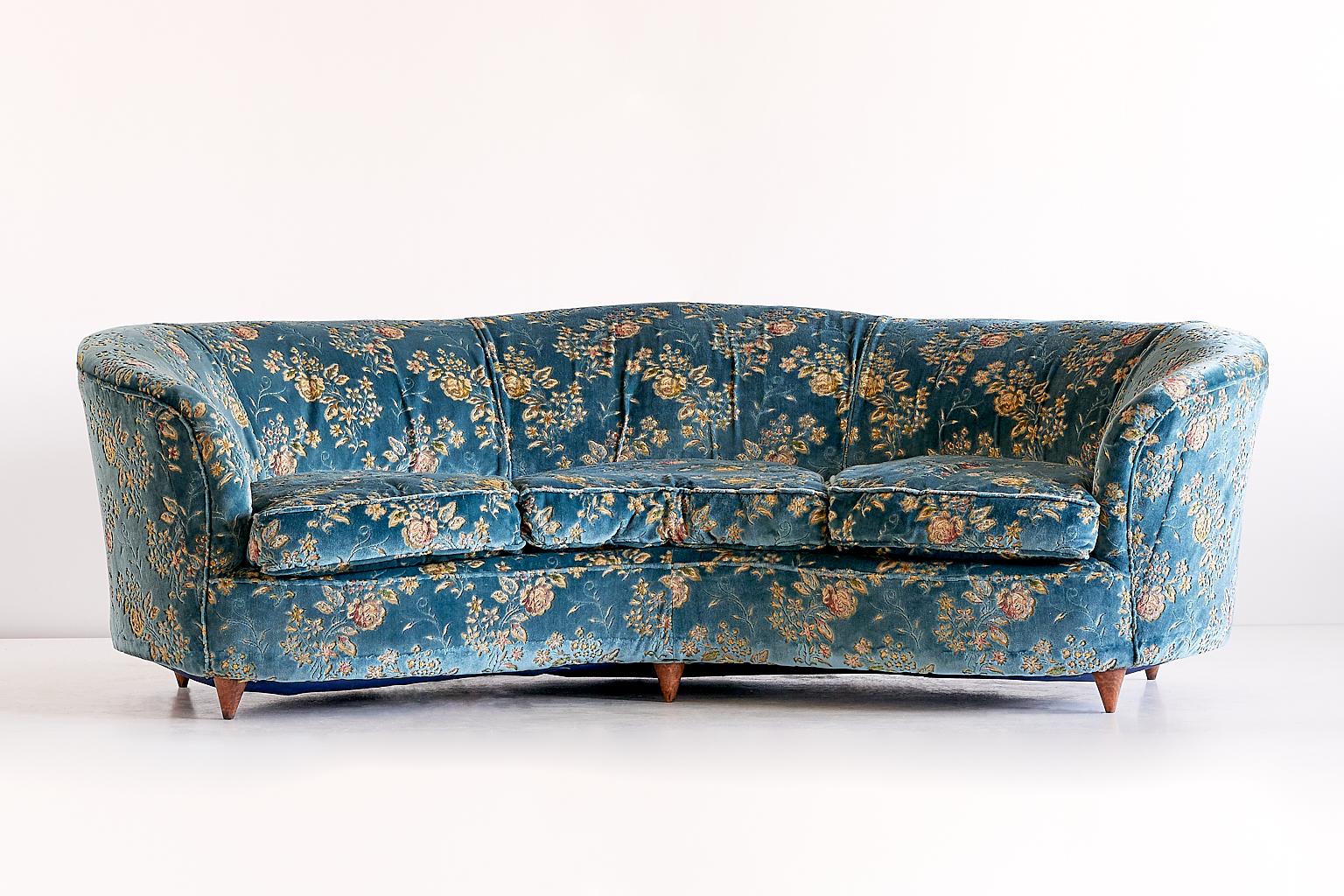 Italian Large Gio Ponti Attributed Curved Sofa in Original Blue Floral Upholstery, 1930s