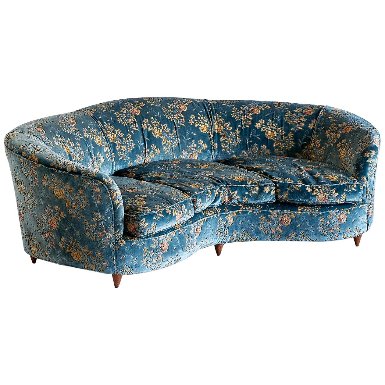 Large Gio Ponti Attributed Curved Sofa in Original Blue Floral Upholstery, 1930s
