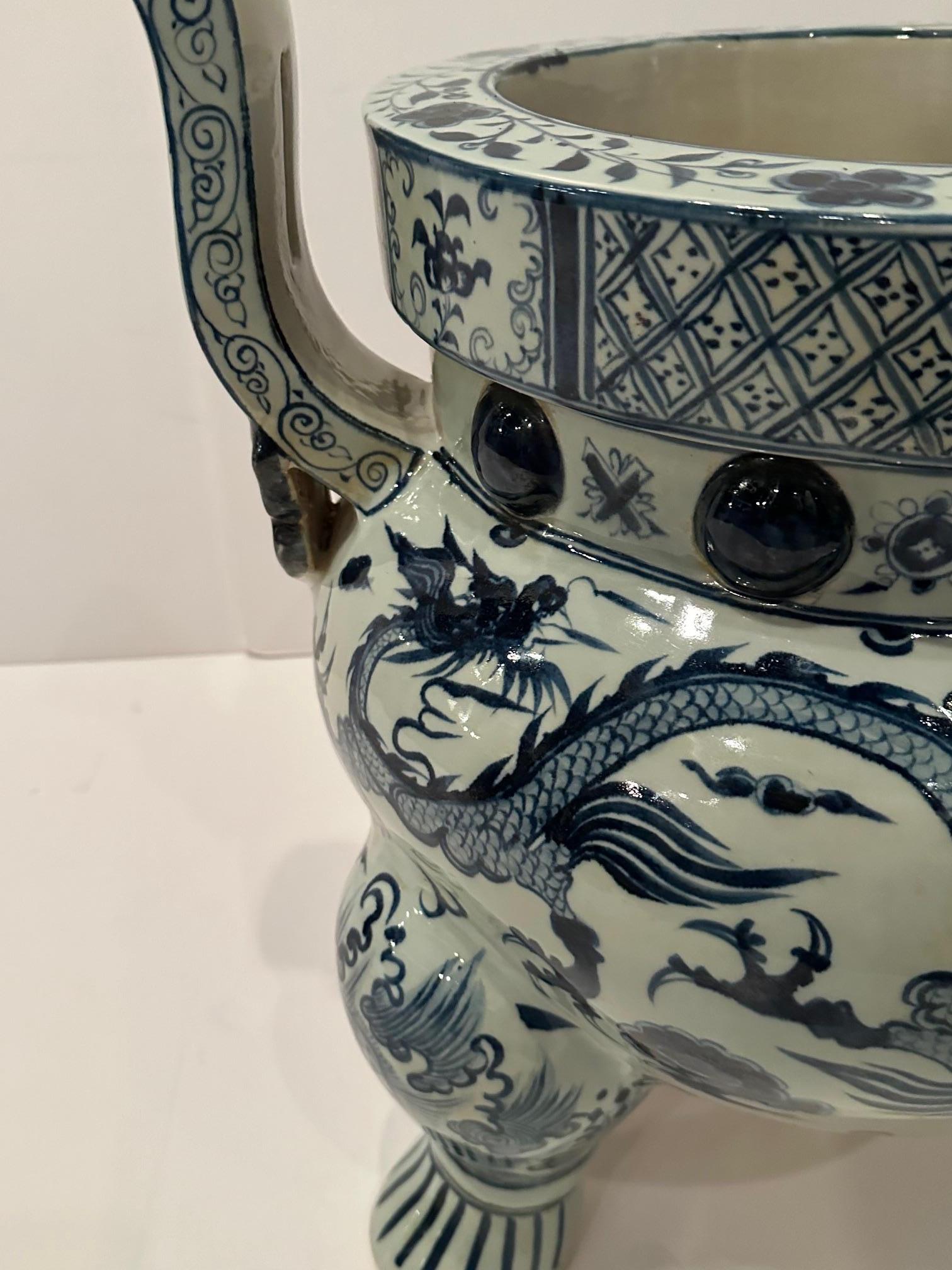 Late 20th Century Large Glamorous Blue & White Chinoiserie Planter Urn